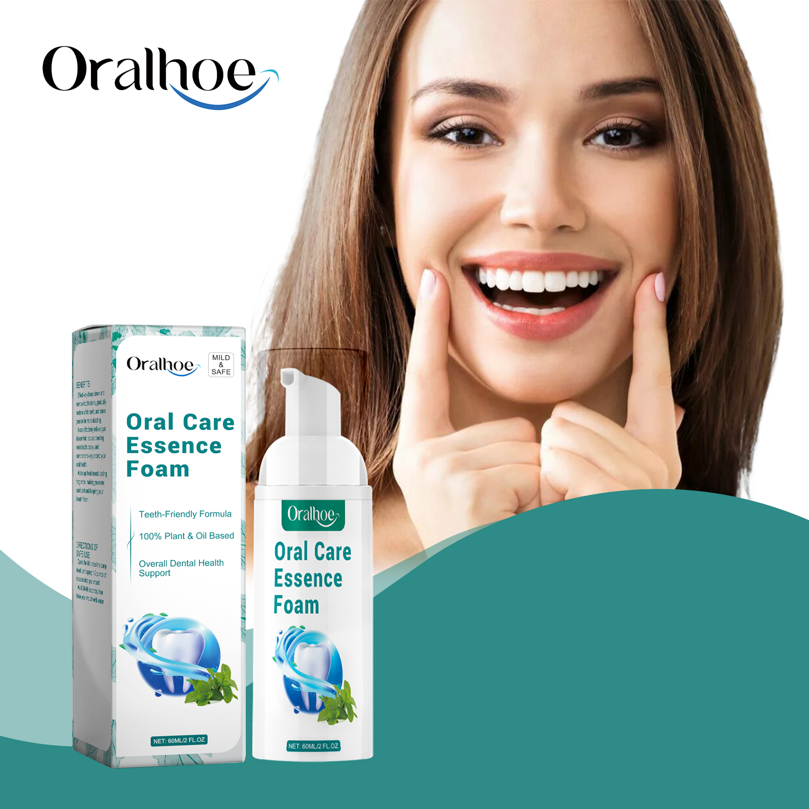 Oralhoe Oral Care Essence Foam product and box shown side-by-side with 60mL bottle