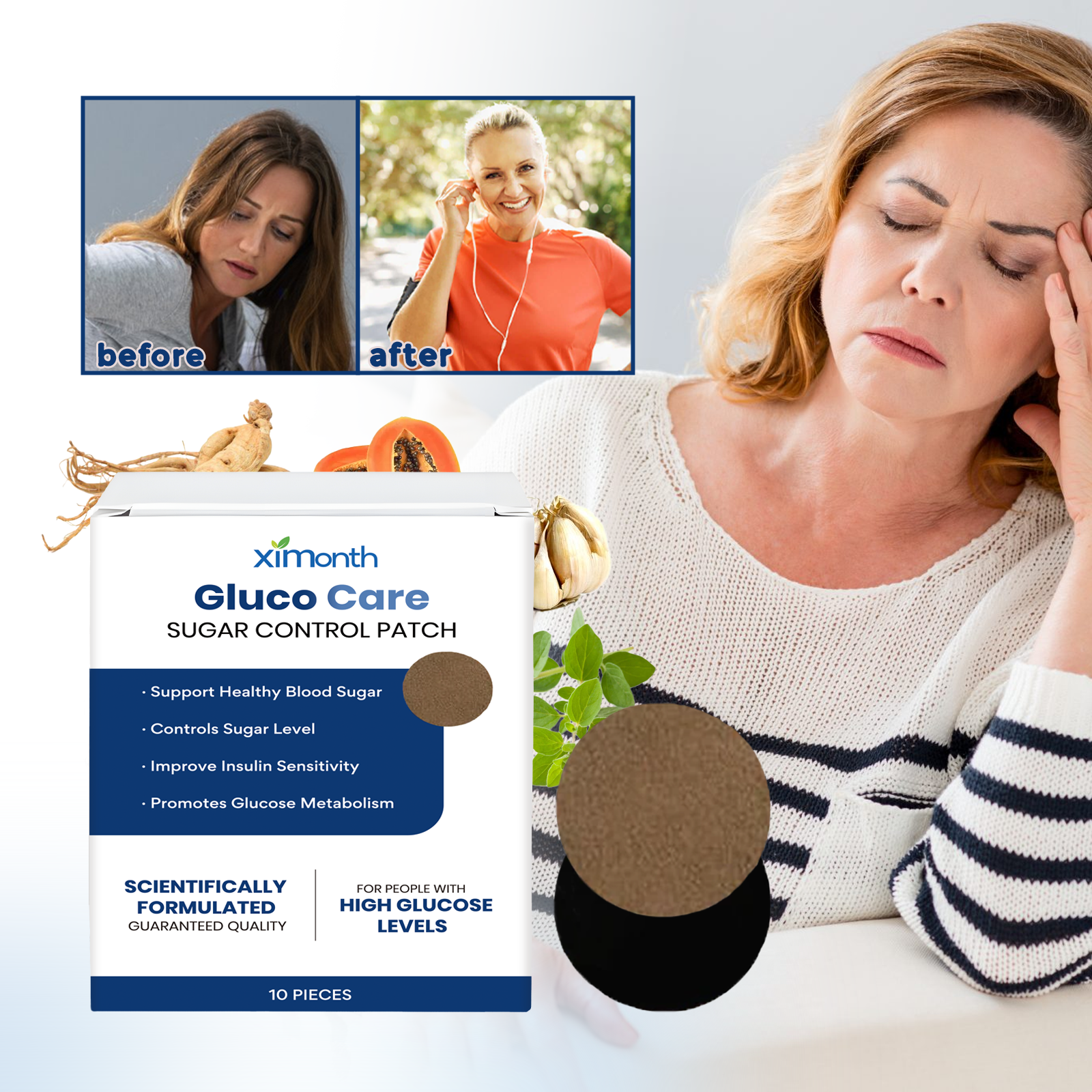 Symptom education visual showing blood glucose instability effects: fatigue, attention problems, dizziness, irritability with happy healthy woman