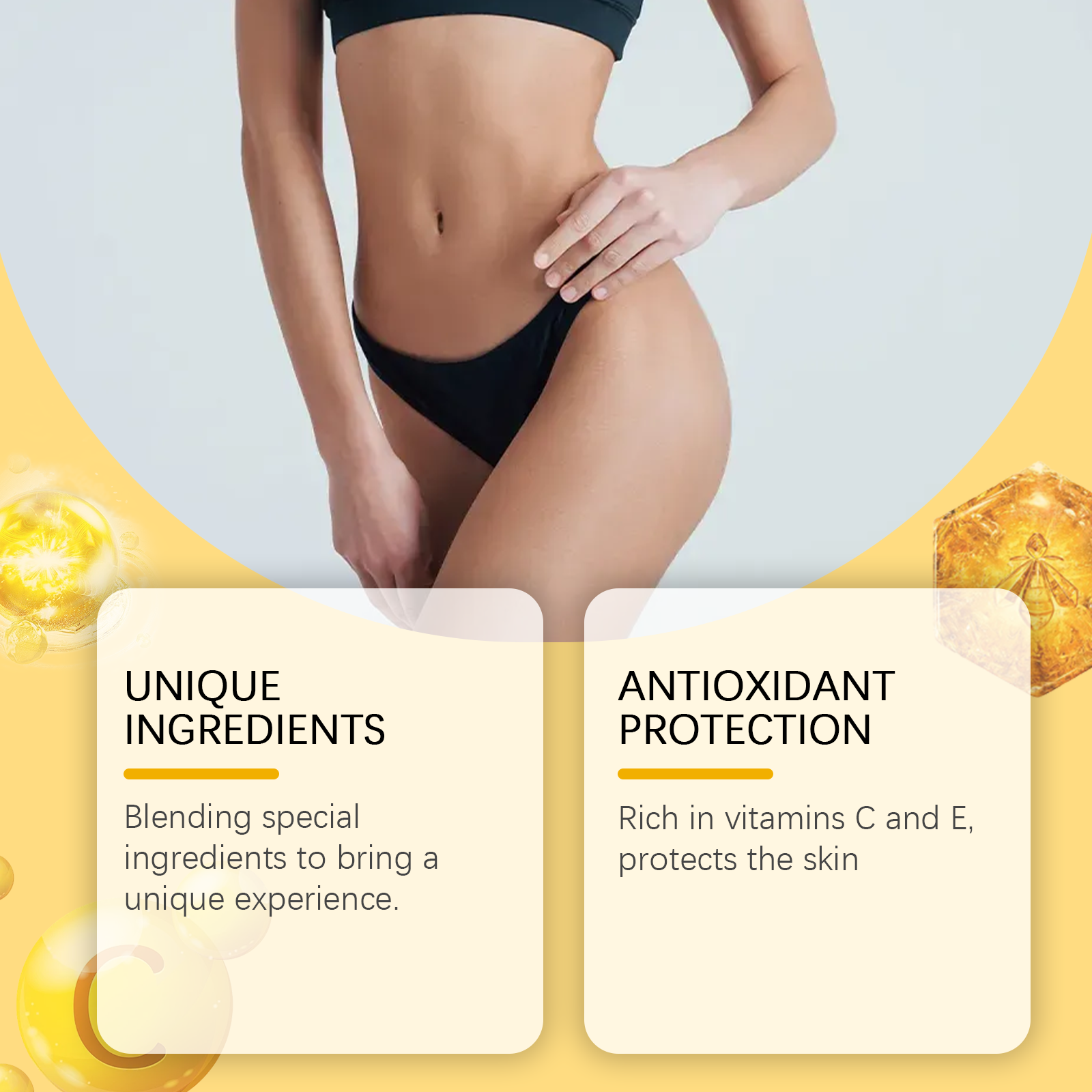 Lifestyle image showing woman's torso with product bottles and visible before/after waist tightening results in inset comparison