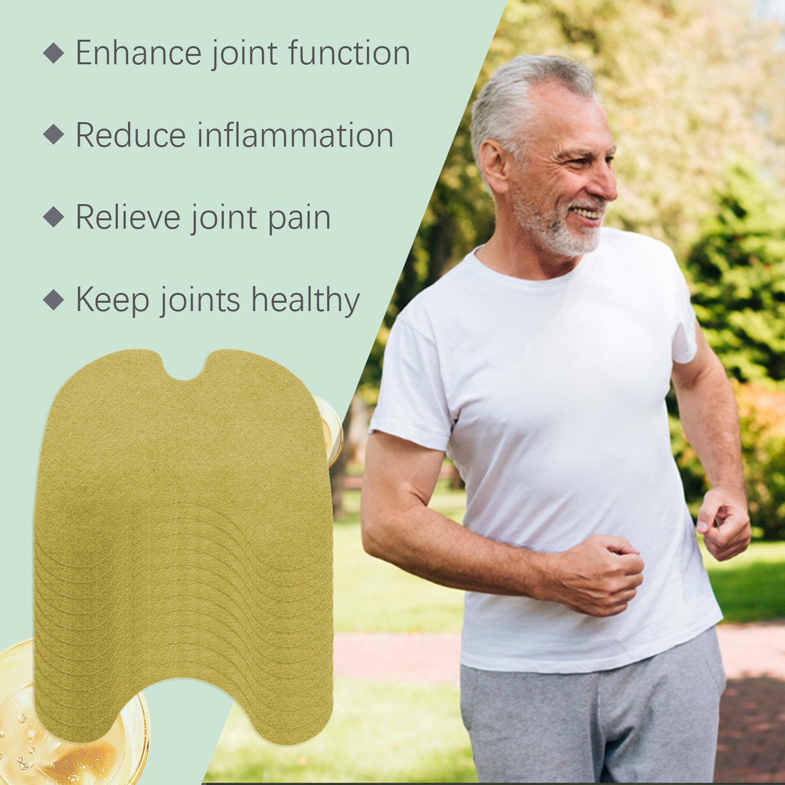Young couple jogging together outdoors with four-step usage guide: herbal power for gentle relief, peel and stick ease, quick penetration, light and breathable