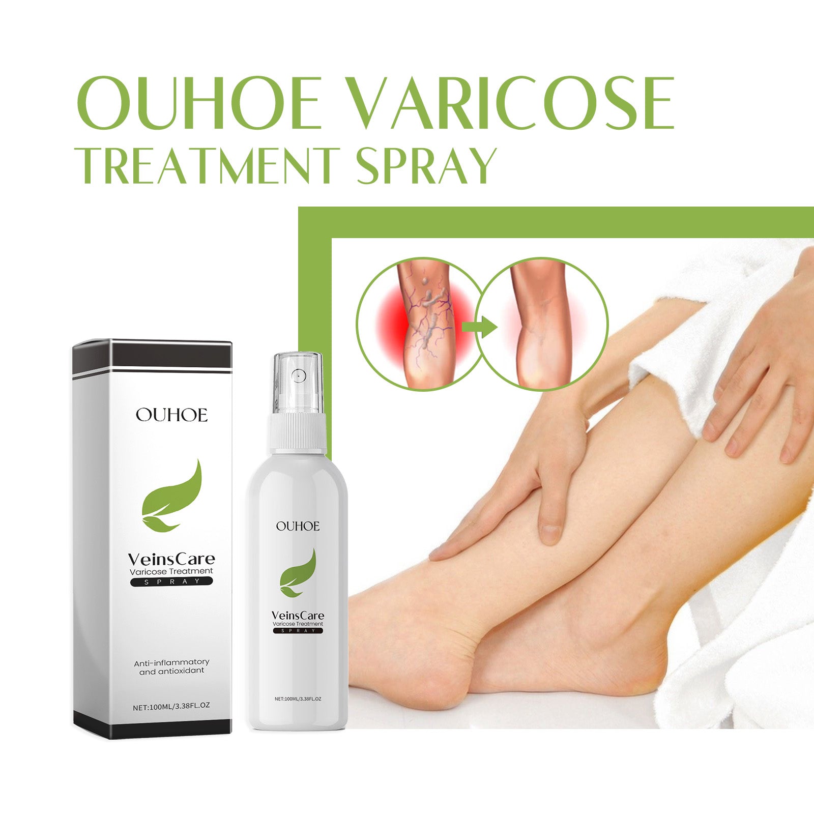 Woman applying spray treatment to leg with product and packaging visible