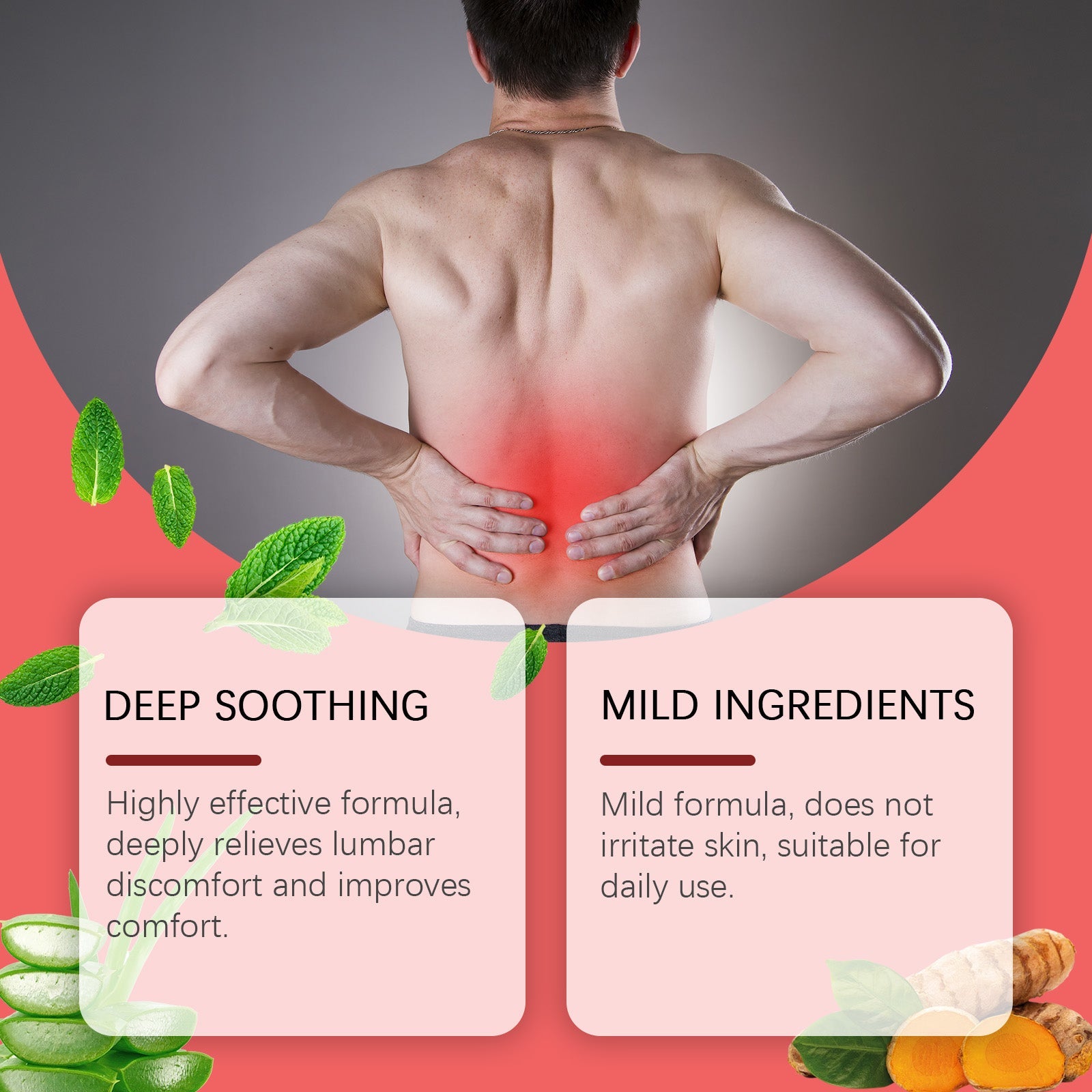 Man experiencing back pain relief with key benefit bullets: fresh aroma, easy daily use, muscle soreness relief, multi-functional value