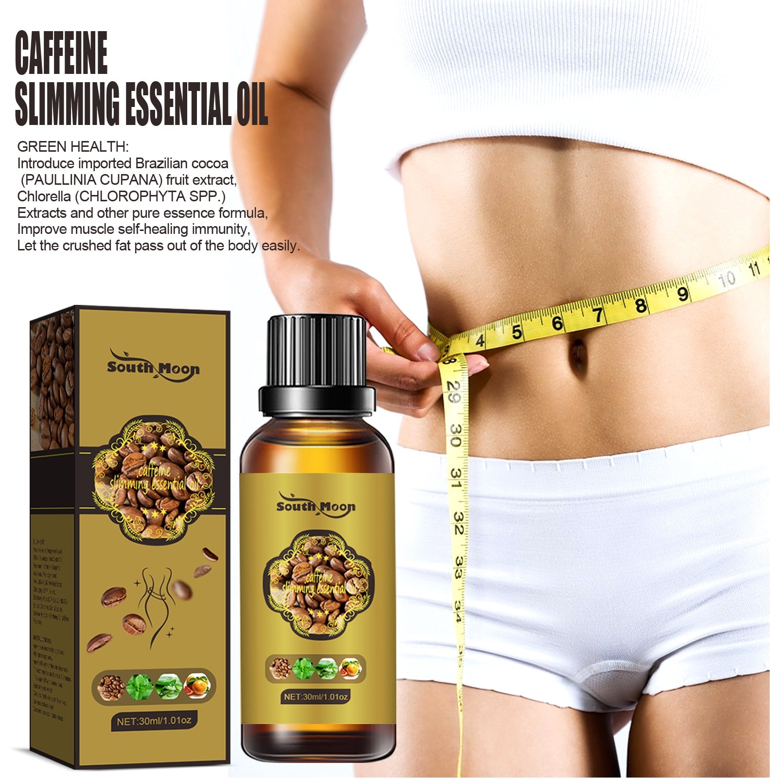 Larger format South Moon Caffeine Slimming Essential Oil 30ml bottle with matching decorative box