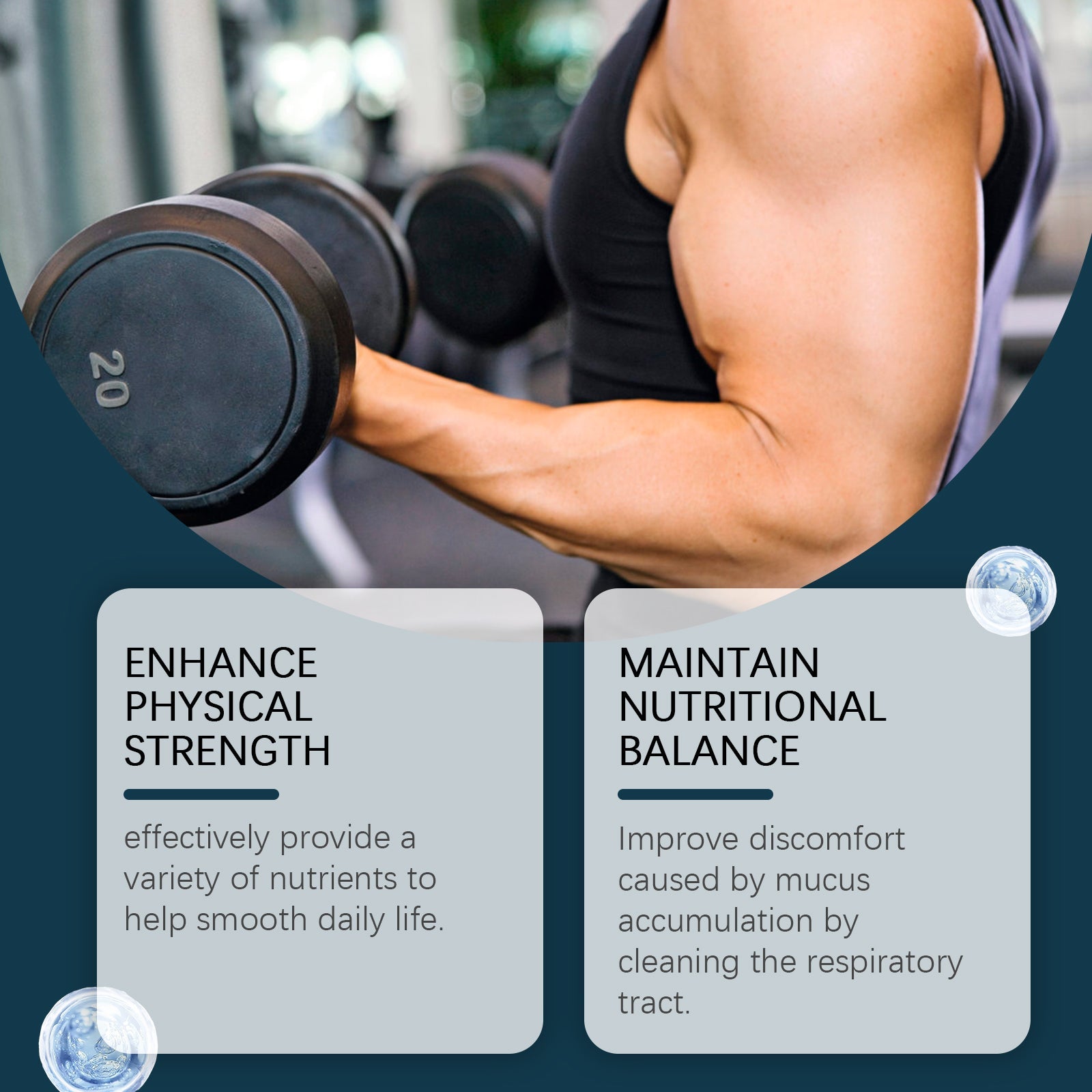 Muscular man performing dumbbell exercise with text claims 'Enhance Physical Strength' and 'Maintain Nutritional Balance'