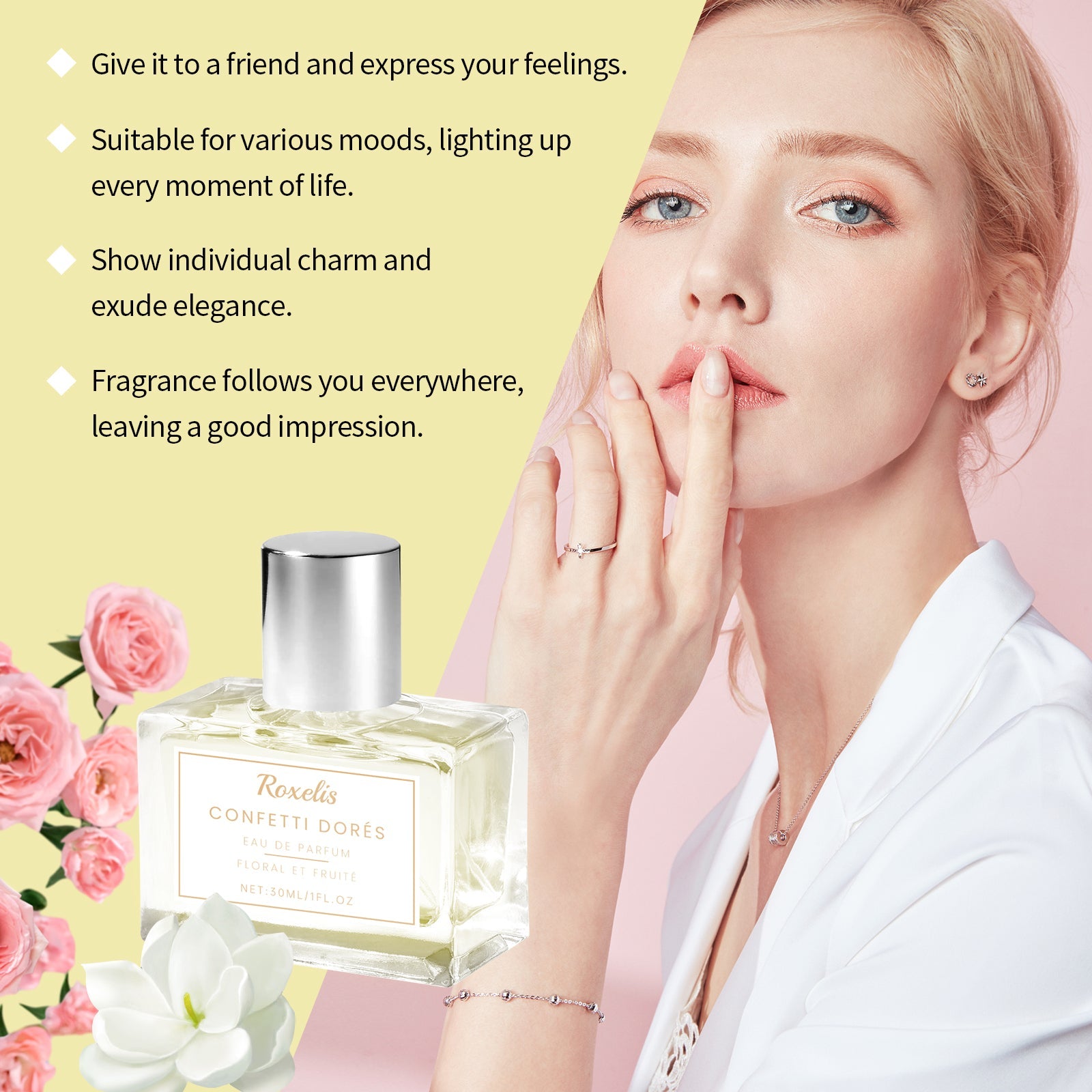 Product benefits displayed on yellow background with pink roses and white flowers; text highlights gift-giving, mood versatility, and elegant presence