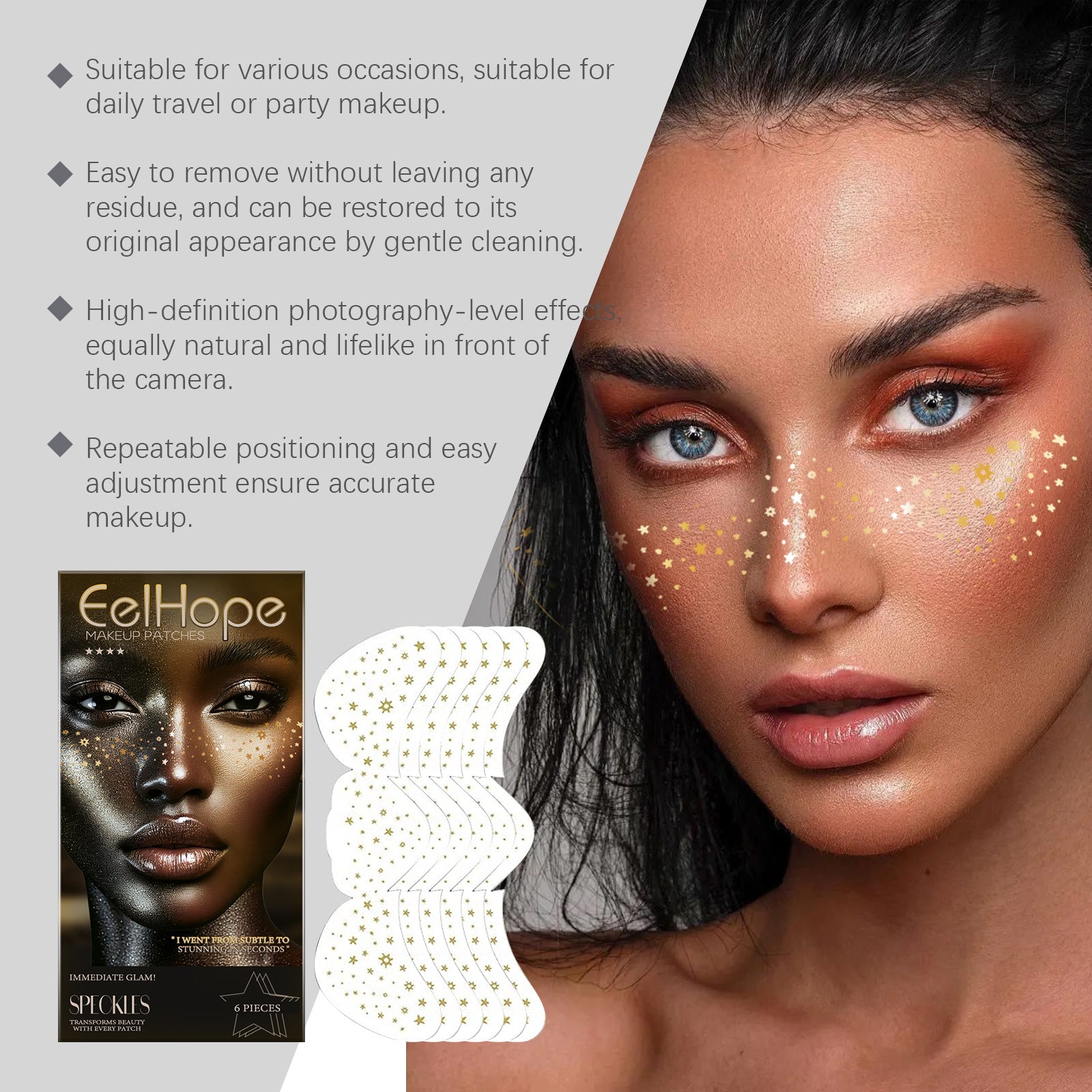Close-up of model face with applied speckle patches showing photography-level detail and four key benefit statements