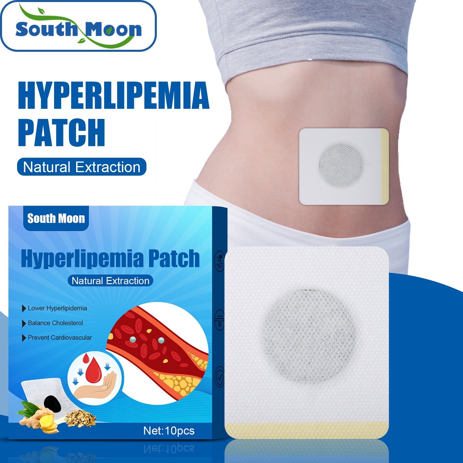 Lifestyle application image showing patch worn on abdomen and close-up detail of individual patch