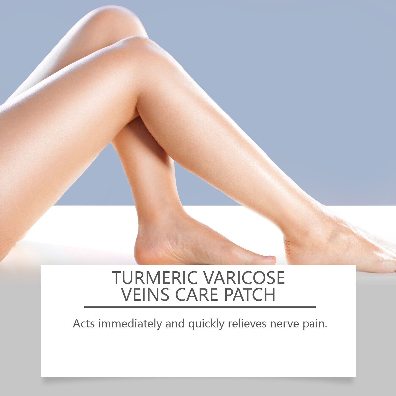Beautiful legs of woman against blue sky backdrop with product headline stating immediate pain relief and nerve pain reduction