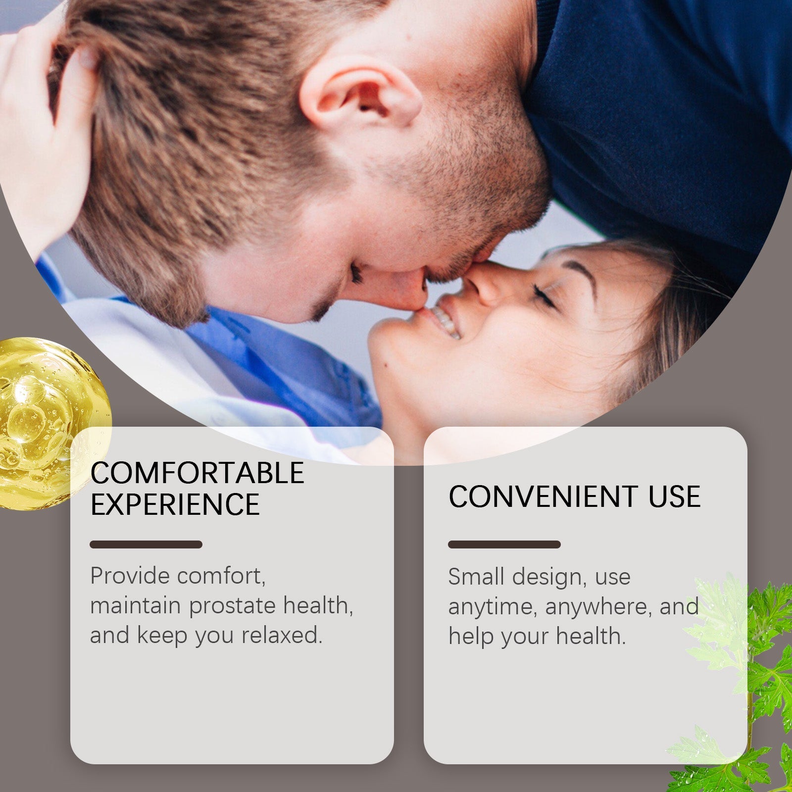 Intimate couple photo with callout boxes highlighting 'Comfortable Experience' and 'Convenient Use'