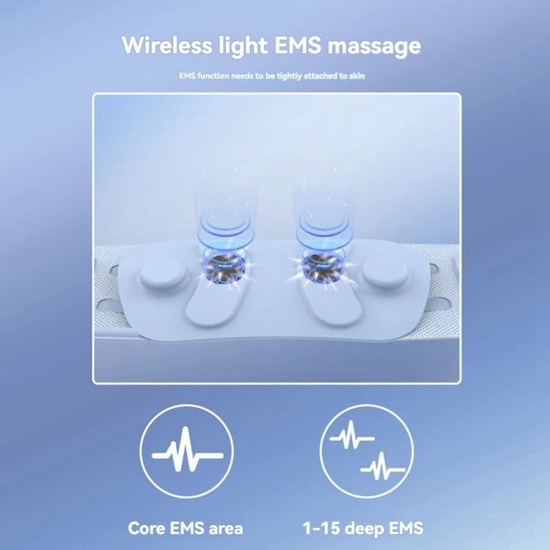 Wireless light EMS massage technology showing dual electrode pads with gel mineral composition and core vs deep EMS penetration patterns