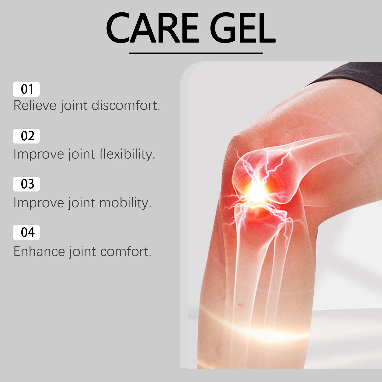 Care Gel infographic showing four benefits: relieve joint discomfort, improve flexibility, improve mobility, enhance comfort with knee visualization