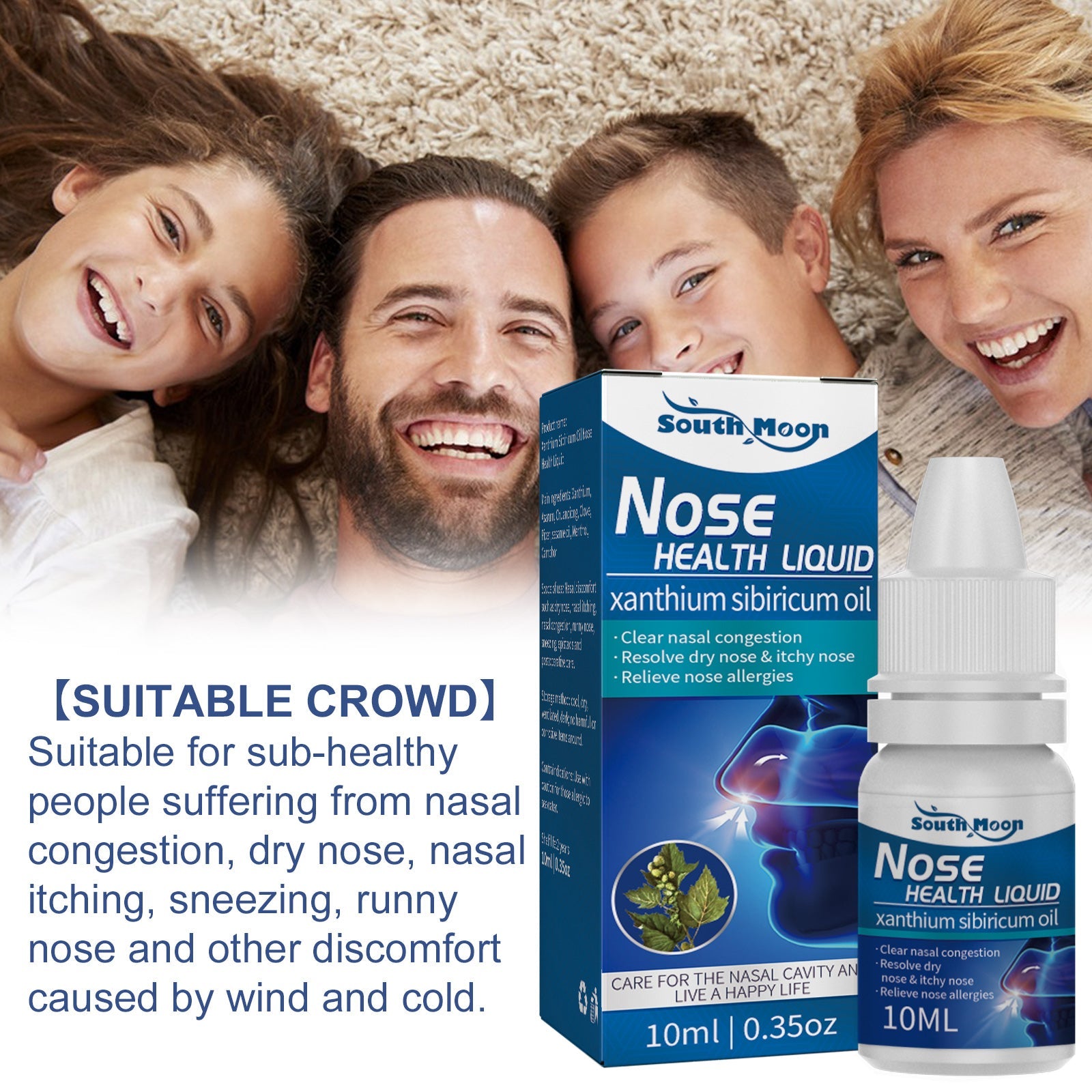Woman with inflamed red sinuses and congested nose touching face, with product shown alongside problem visualization
