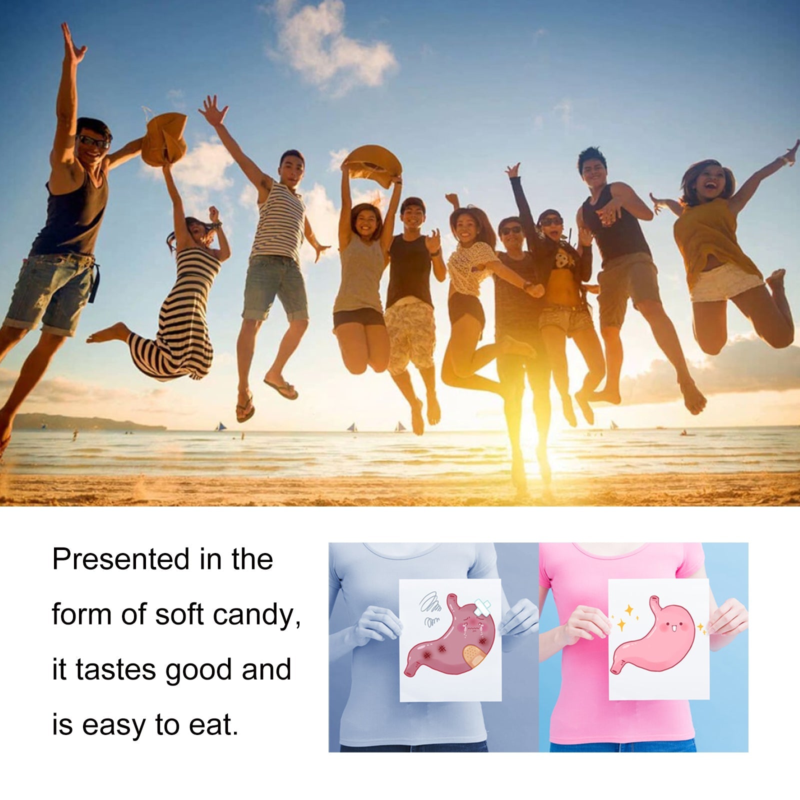 Group of diverse people of various ages jumping joyfully on beach at sunset with arms raised