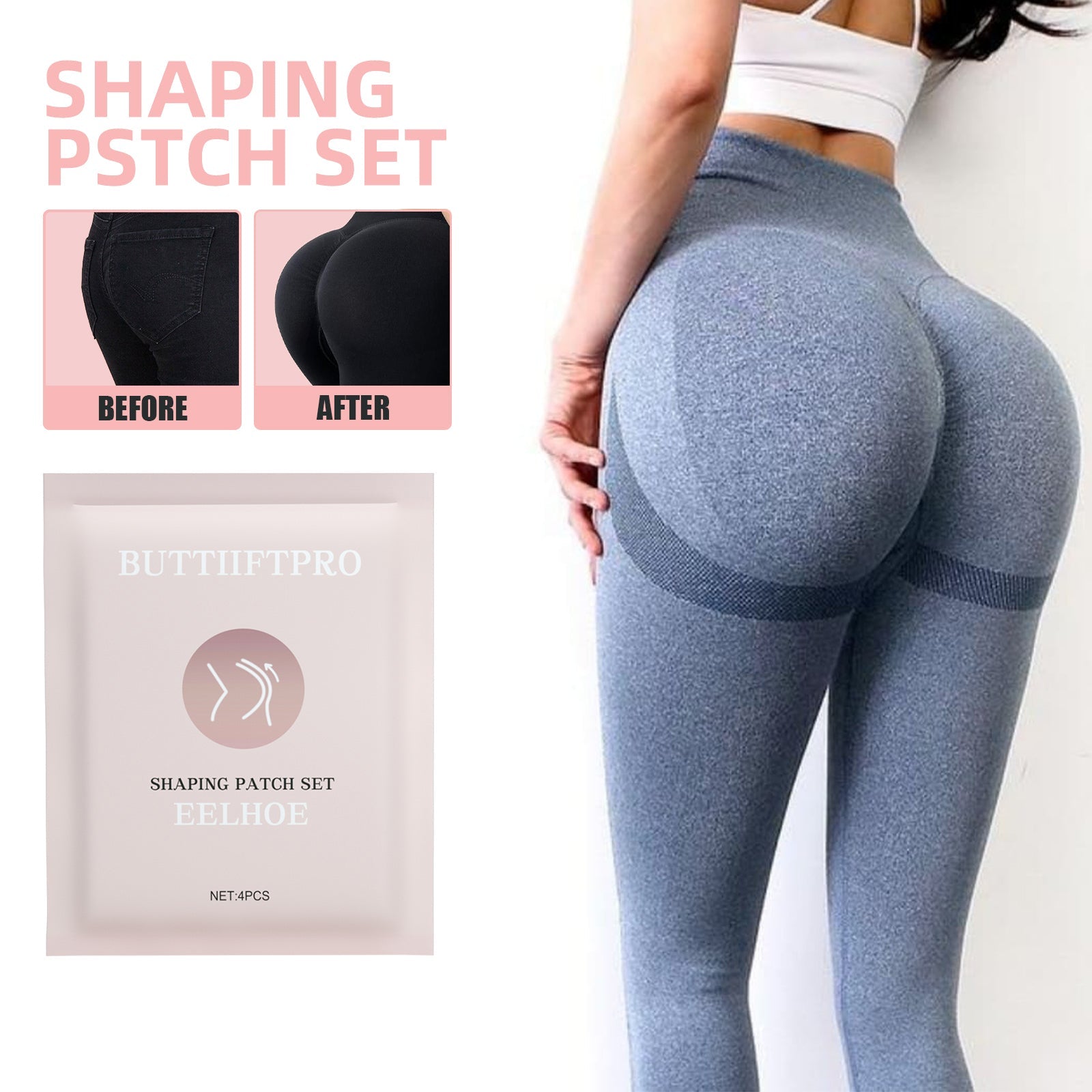 Infographic titled 'Solve 4 Buttocks Problems' displaying four common concerns with visual examples: hip droop, flat buttock, small hips, and hypertrophy of buttock