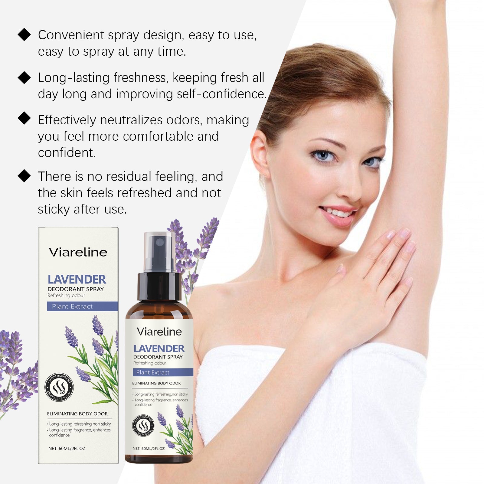 Product bottle, box, and lavender plant with four key benefits listed: spray design, long-lasting freshness, odor neutralization, non-sticky feel