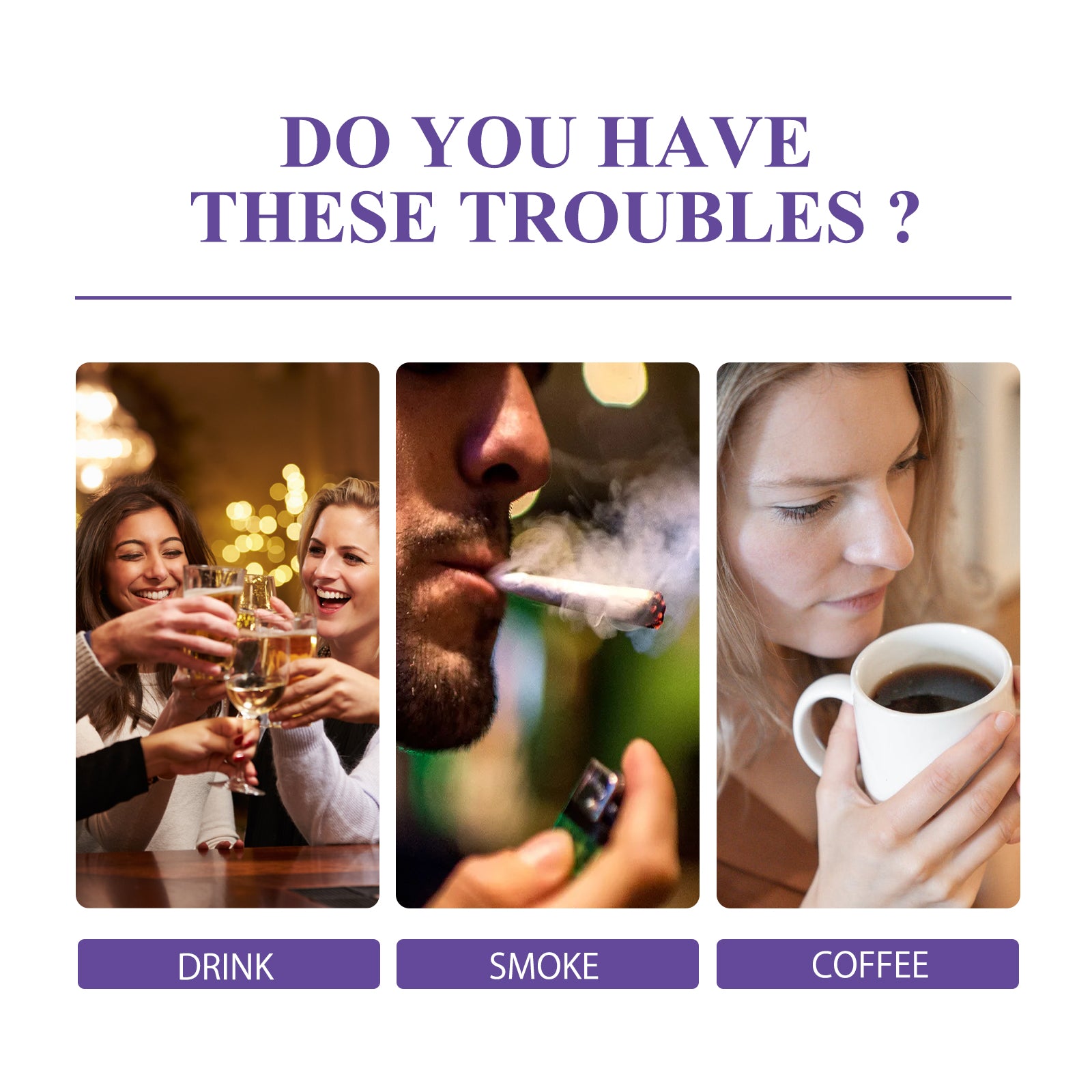 Problem-solution grid showing three stain sources: wine/drinks, smoking, and coffee with purple headers