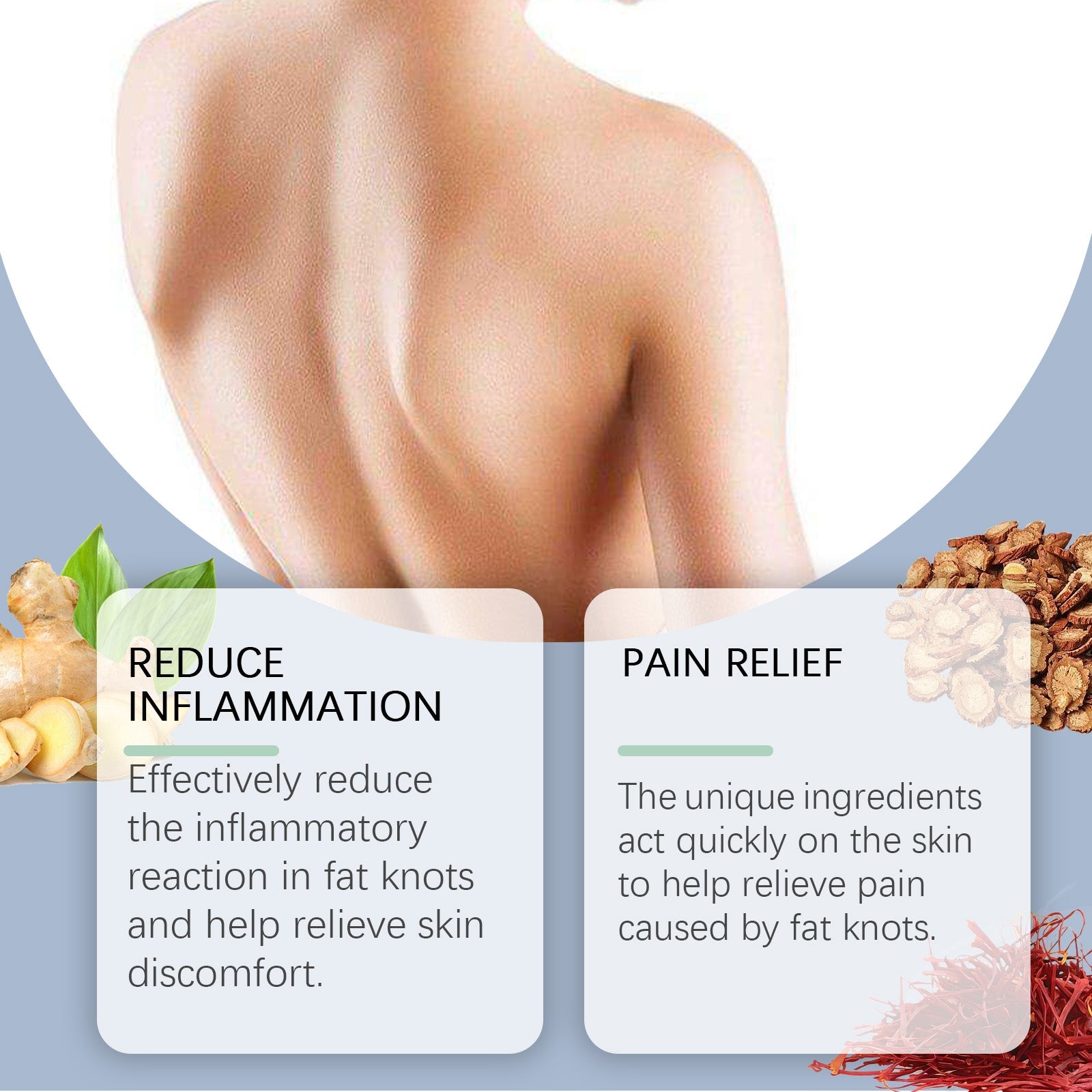 Back view of smooth healthy skin with floating ingredient callouts showing ginger root and walnuts with benefit descriptions