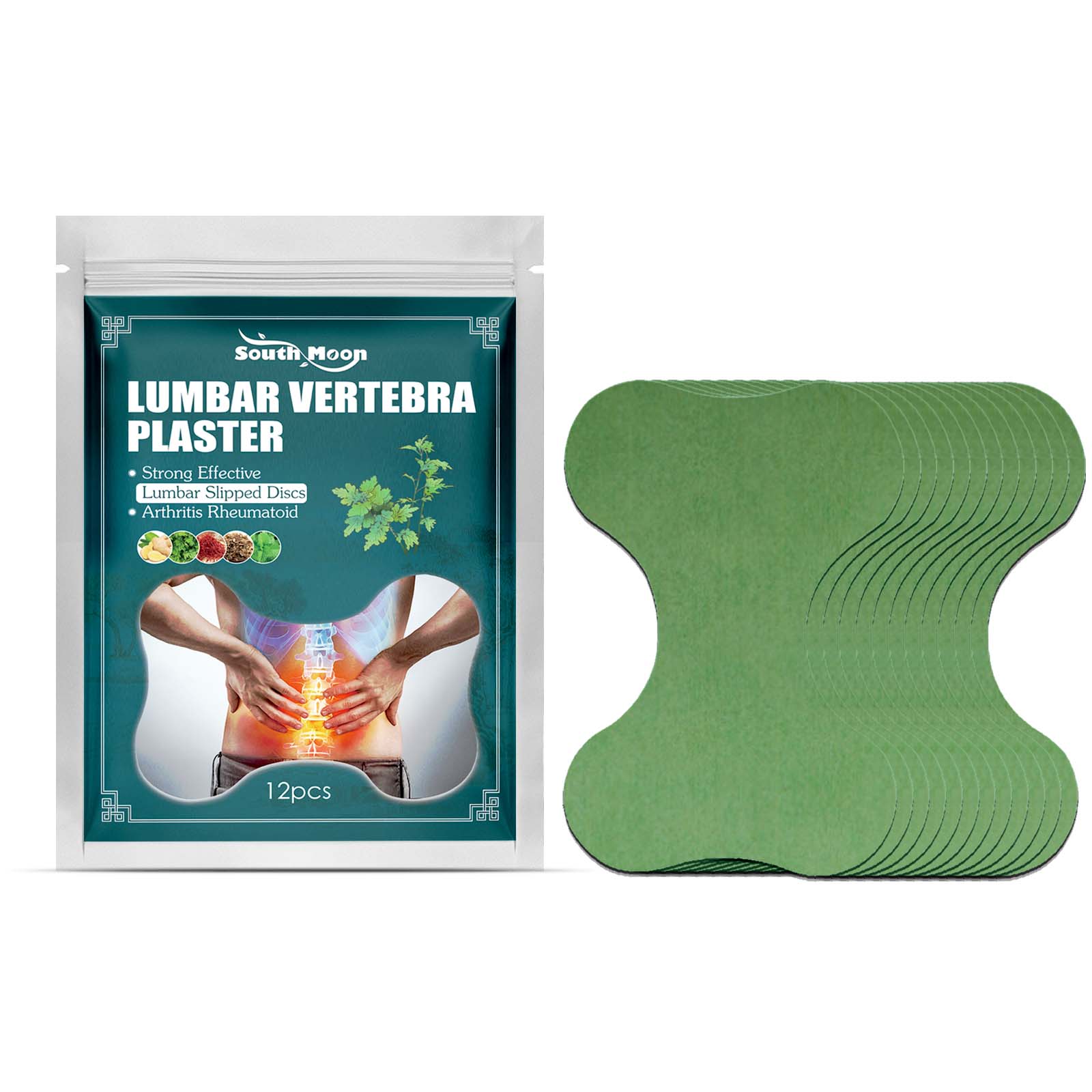 Office worker at desk touching lower back in pain; inset graphic shows lumbar vertebrae with glowing heat map and application checklist listing lumbar soreness, overwork joint pain, and inactivity pain