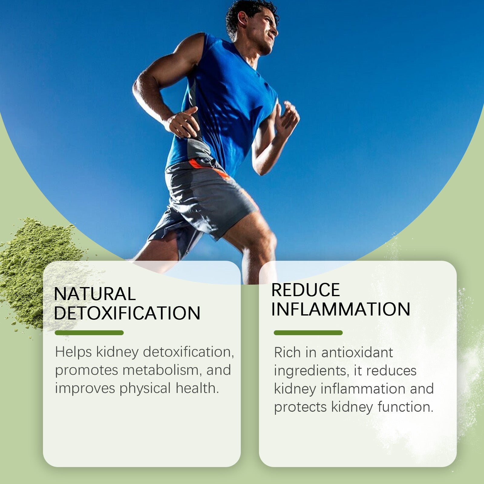Split-screen showing elderly woman with joint pain (before) and healthy older woman stretching painlessly (after); active young man running; green powder and prepared drink