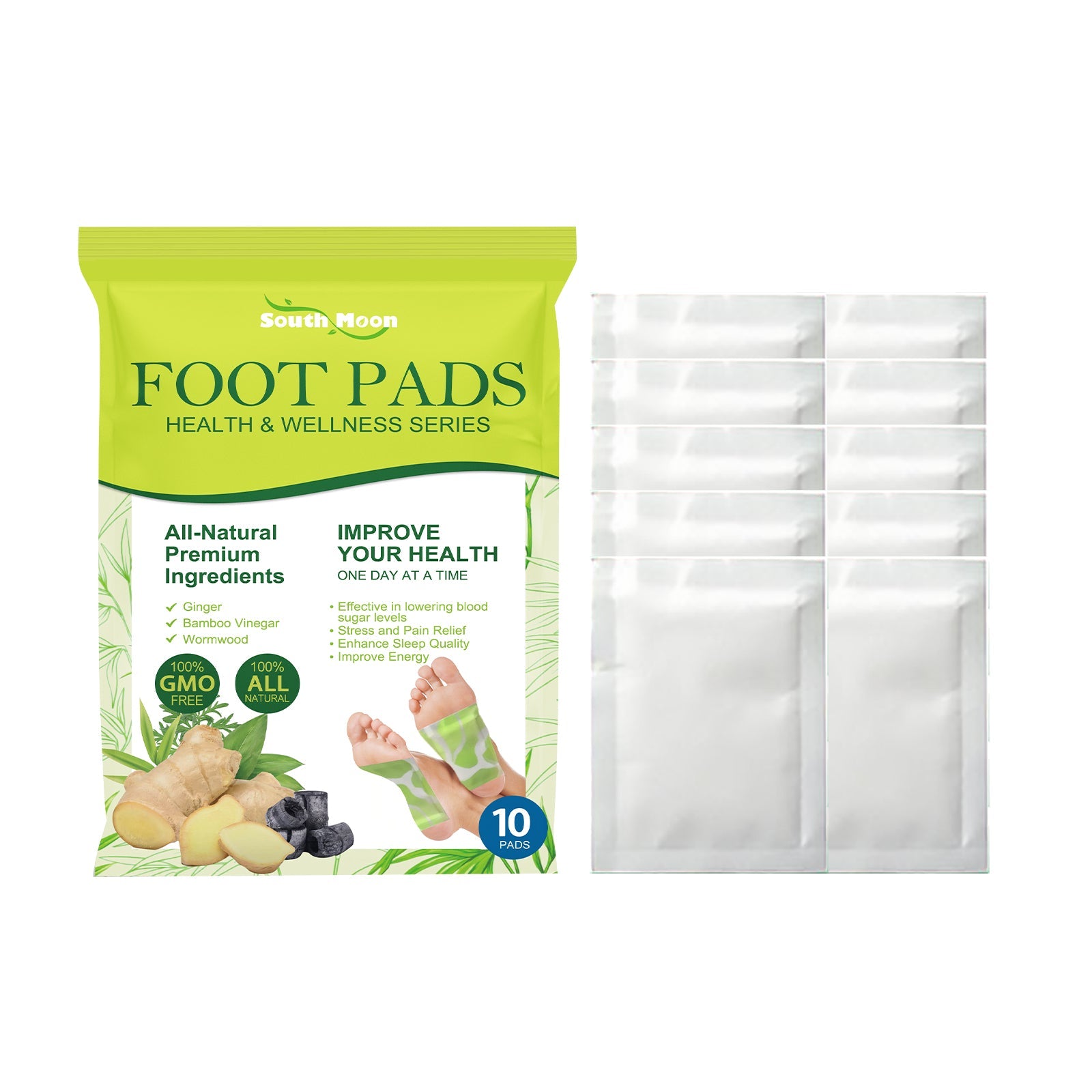 Complete product box and individual sealed foot pads laid out