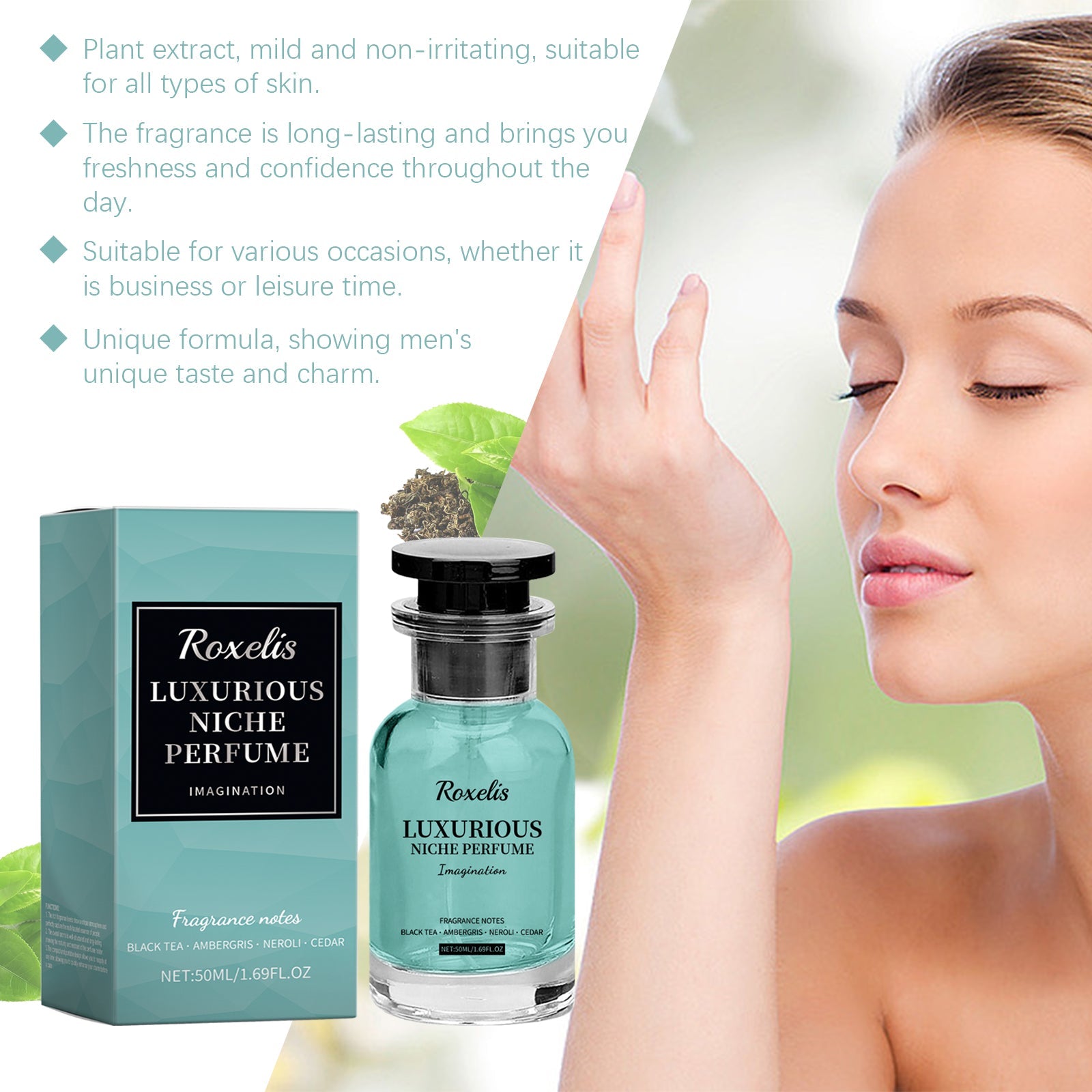 Product features and benefits displayed with ingredient imagery including tea leaf and orange flower, alongside woman applying fragrance