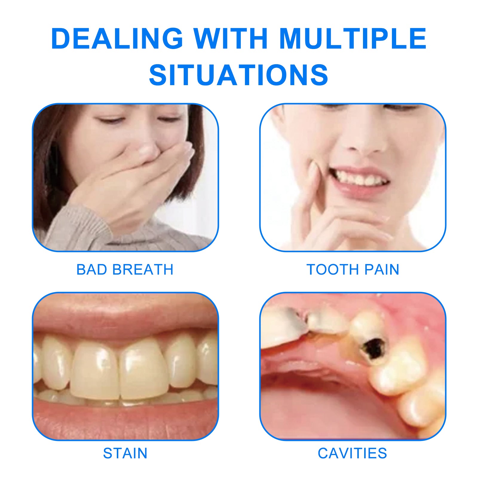Four problem areas: bad breath, tooth pain, staining, and cavities with clinical imagery and blue border frames