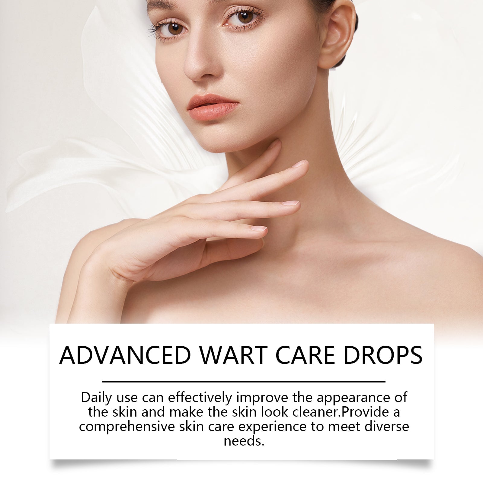 Back view of woman showing clear skin with two benefit cards: 'Enhance Skin Comfort' (portable compact design) and 'Relieve Skin Discomfort' (reduce blemishes and improve appearance)