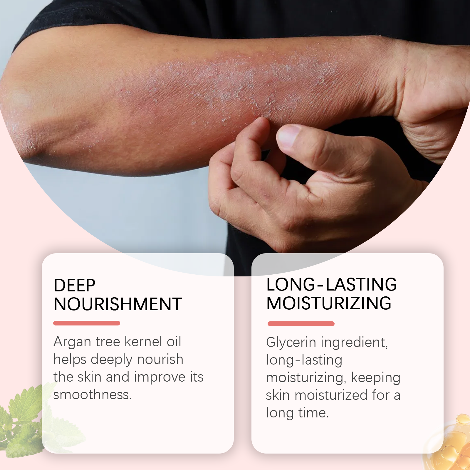 Arm showing smooth, hydrated, clear skin being stroked by lotion application with benefit callouts for soothing care, elasticity improvement, and ease of use