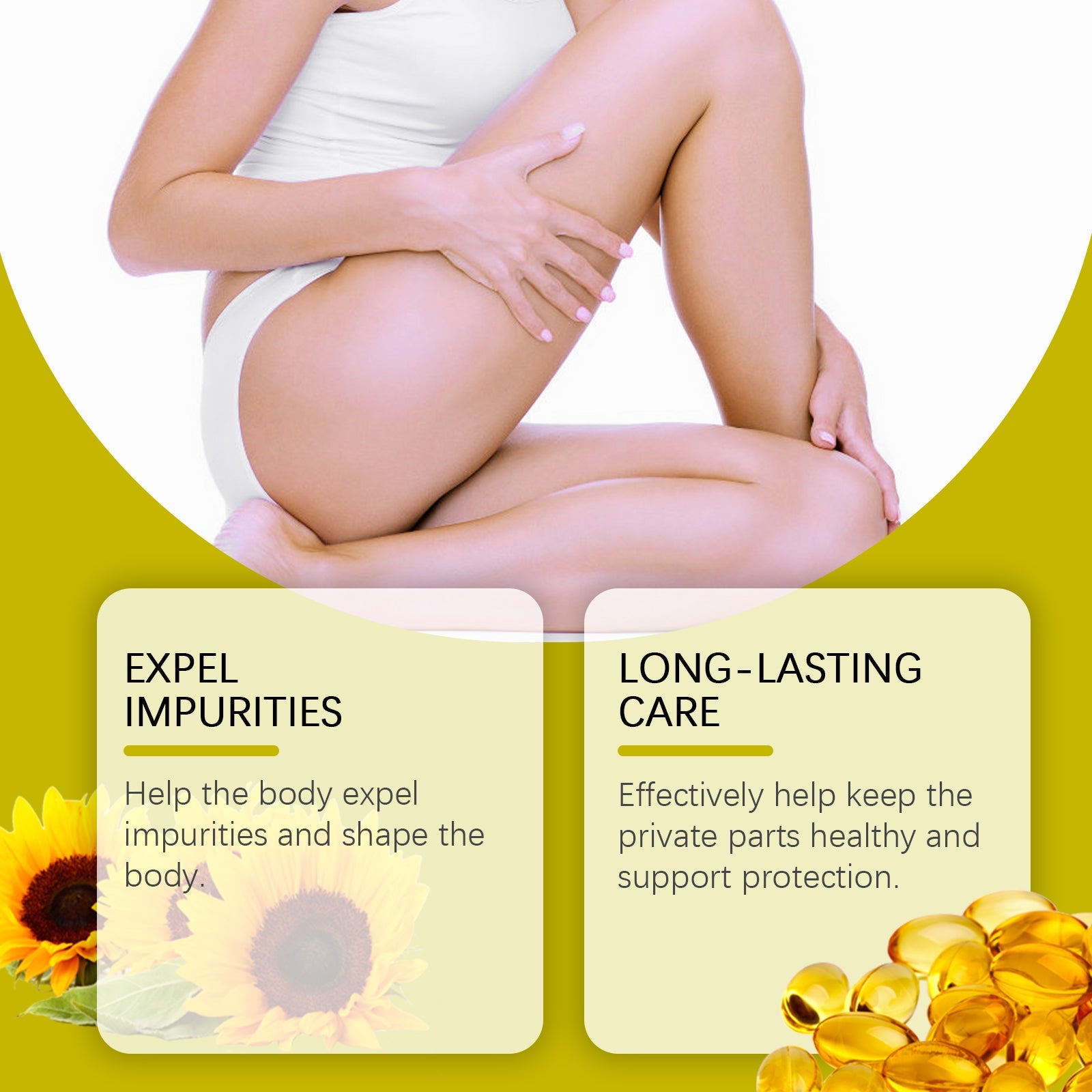 Woman touching intimate area with visible skin softness and benefits cards showing 'Expel Impurities' and 'Long-Lasting Care' with sunflower botanical elements