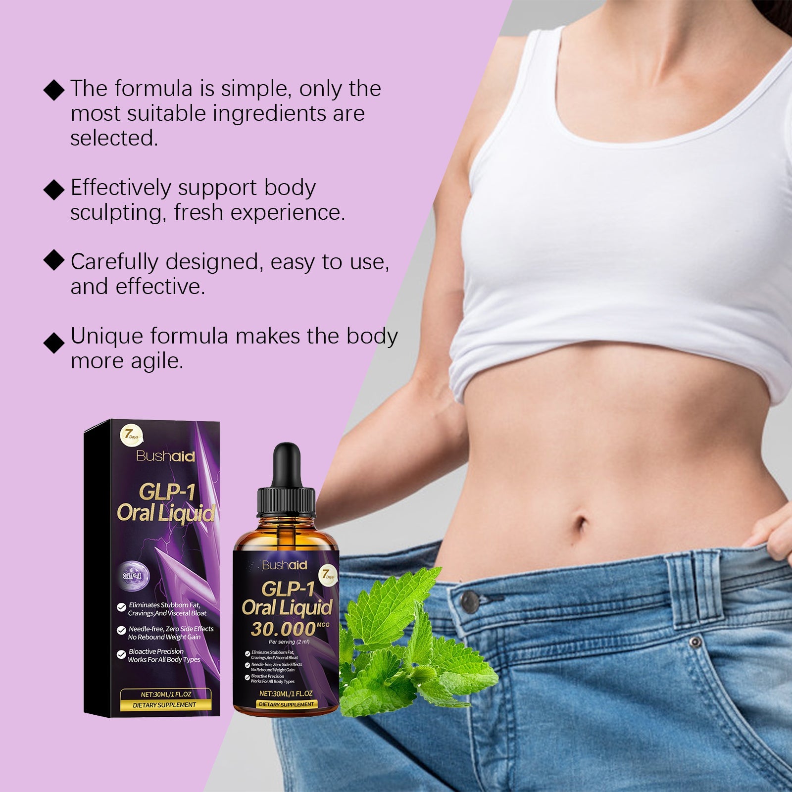 Woman's toned midsection in white crop top with product, packaging, and mint leaf detail on lavender background