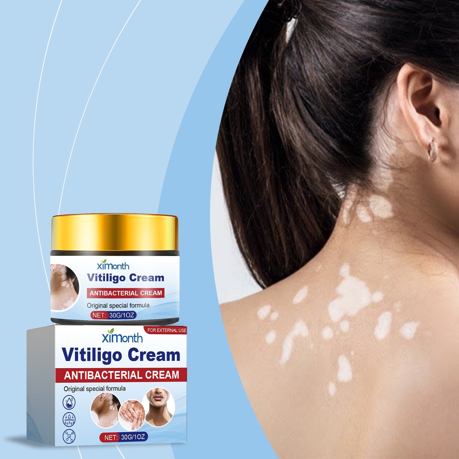 Woman's chest and neck area showing clear, even-toned skin with text overlay describing benefits