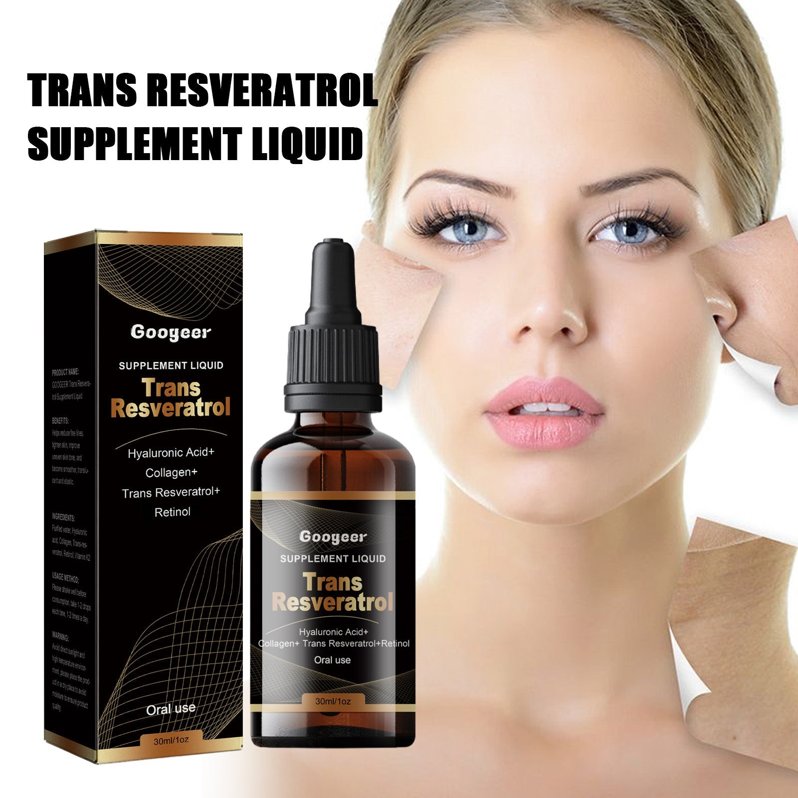 Product packaging and bottle detail shot with clear labeling of Trans Resveratrol and key ingredients