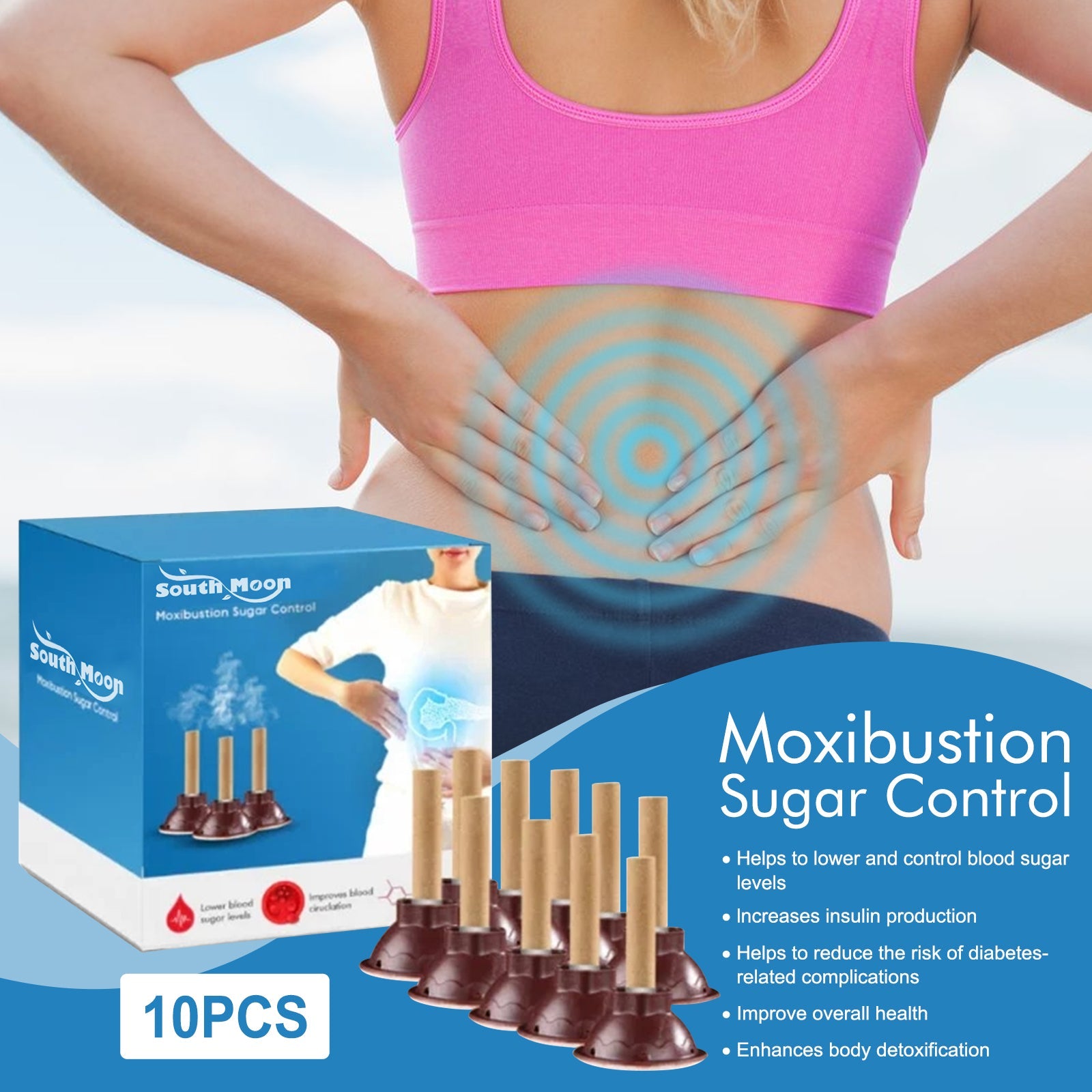 Woman in pink sports bra with hands on abdomen showing concentric blue therapeutic circles on midsection