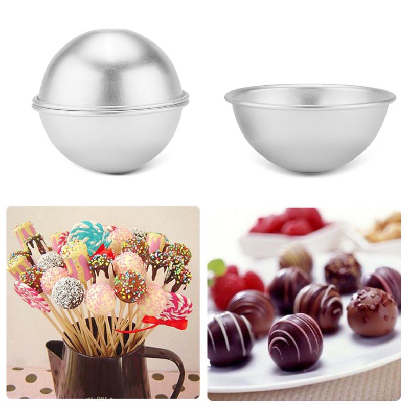 Assembled and open aluminum sphere mold pair alongside lifestyle images of cake pops on sticks and chocolate truffles on a plate