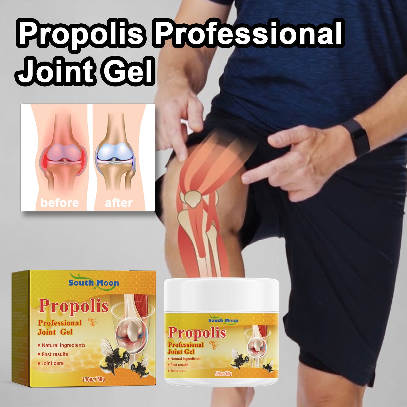 Medical illustration of knee joint showing inflamed red condition before treatment and healthy beige condition after; person applying gel to leg with pain indicator