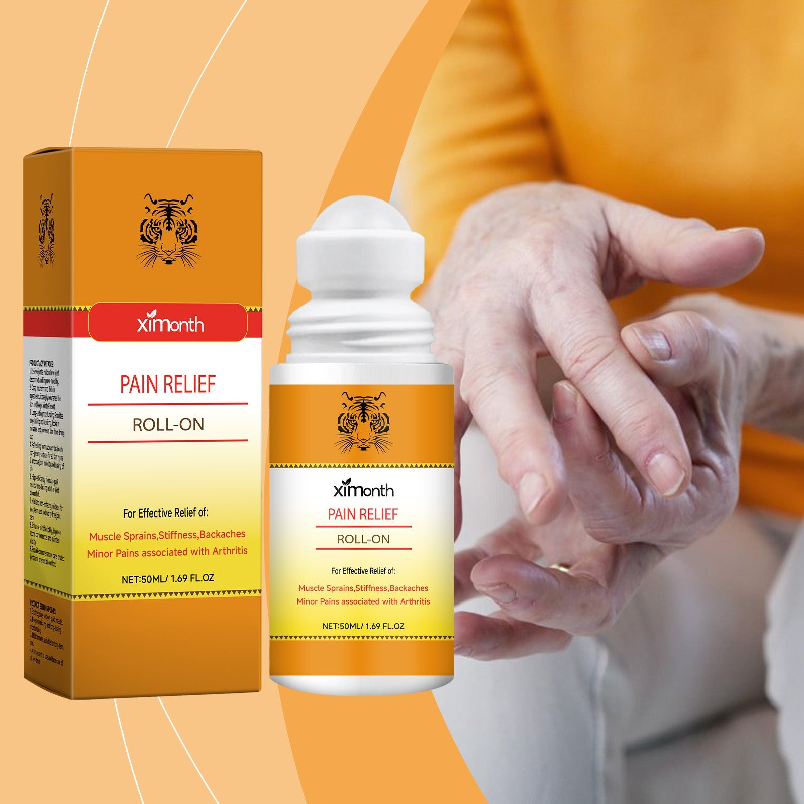 Hand holding roll-on bottle demonstrating application on wrist with warm orange background
