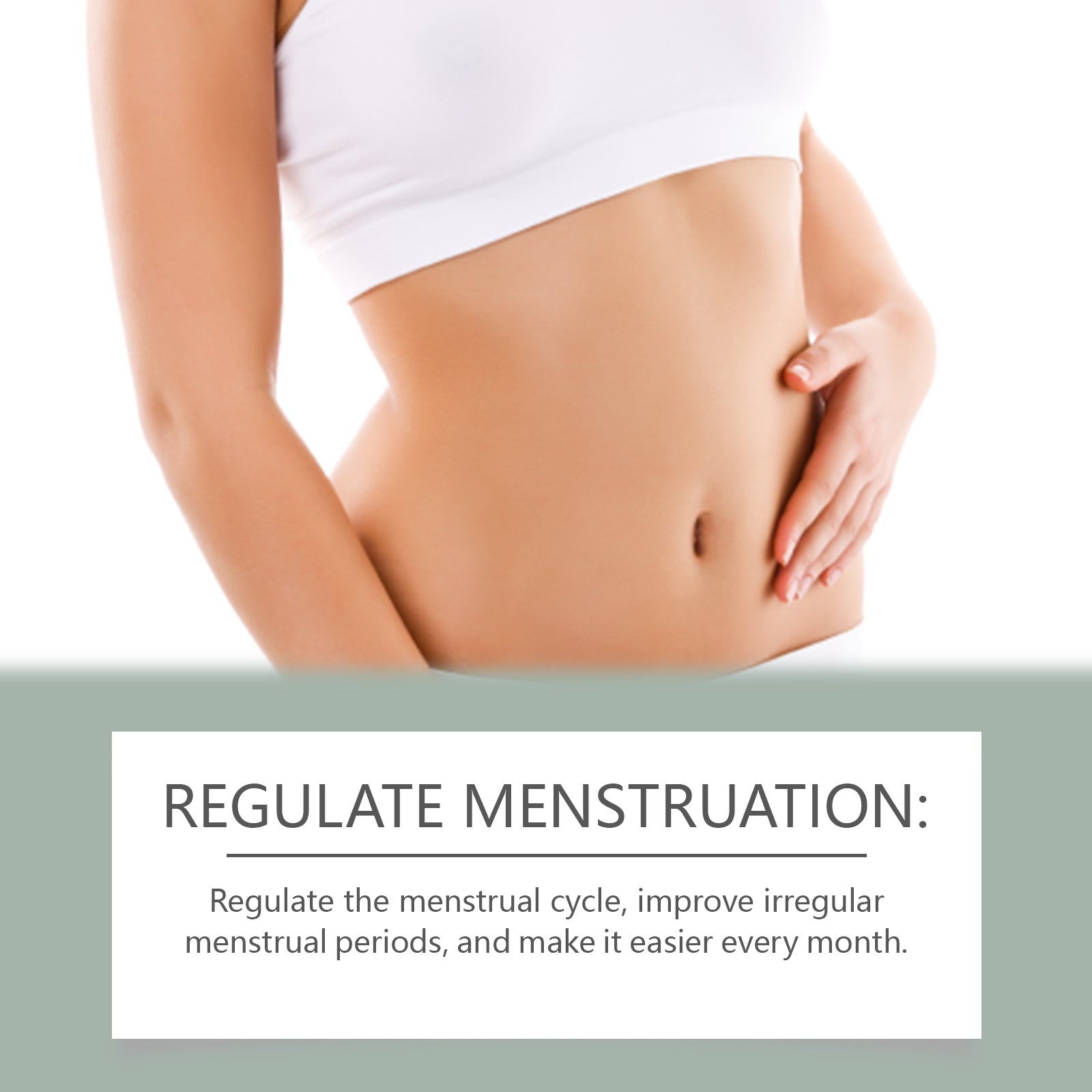 Close-up of woman's hands on abdomen with text 'REGULATE MENSTRUATION'