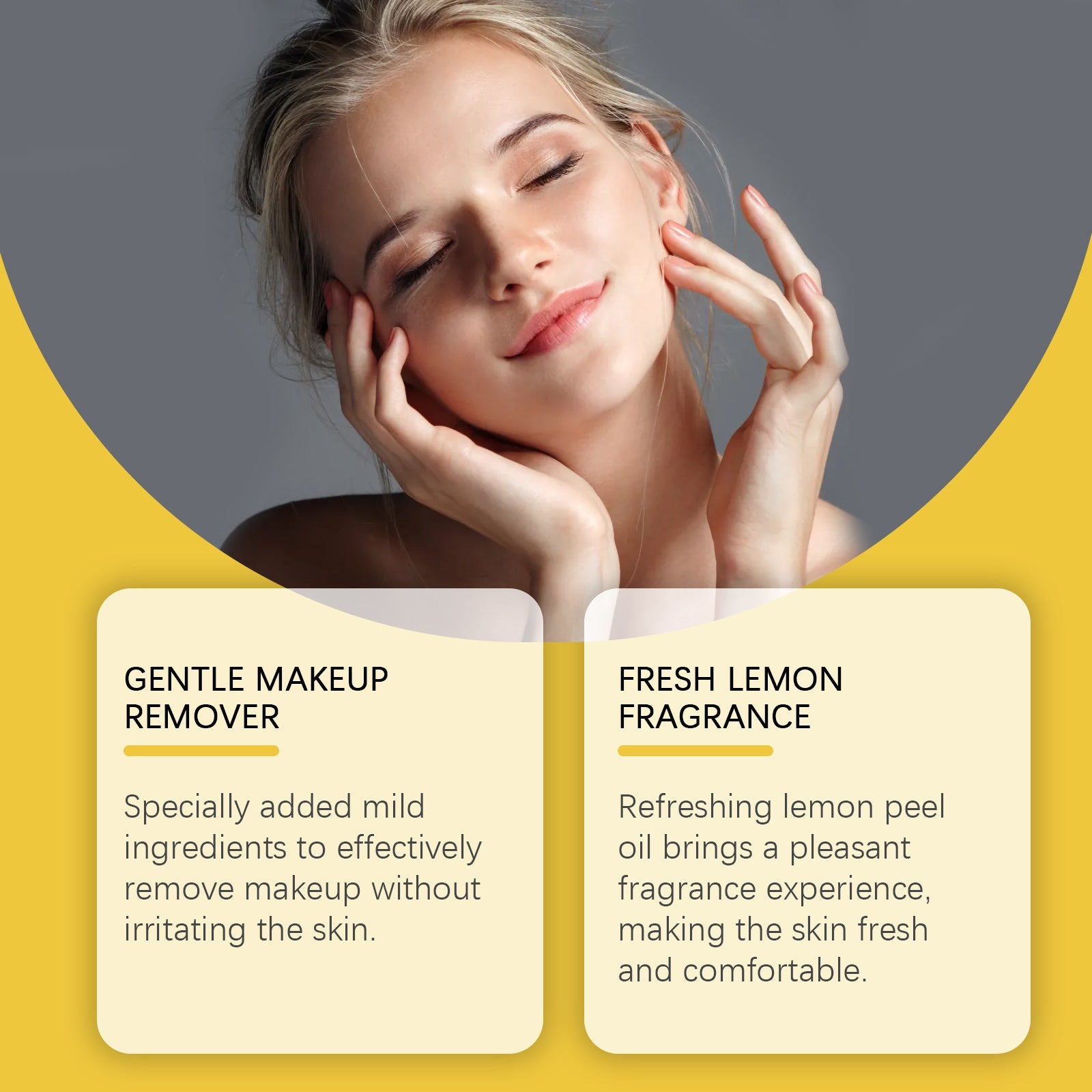 Woman with closed eyes receiving gentle facial treatment with yellow wavy design background and benefit callouts