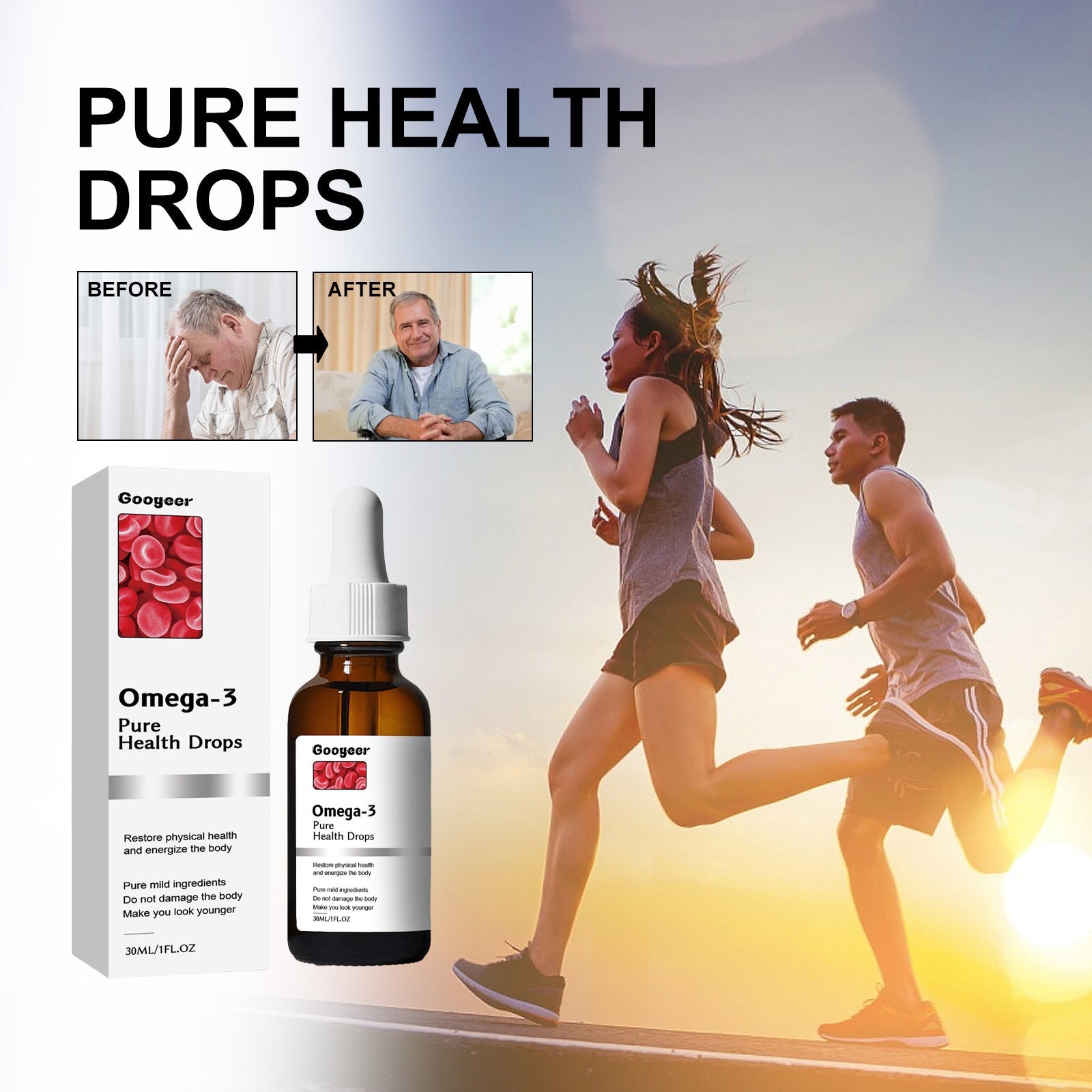 Senior couple smiling together with product, featuring three benefit icons below: reduced stress & fatigue, improved blood pressure, easy to use