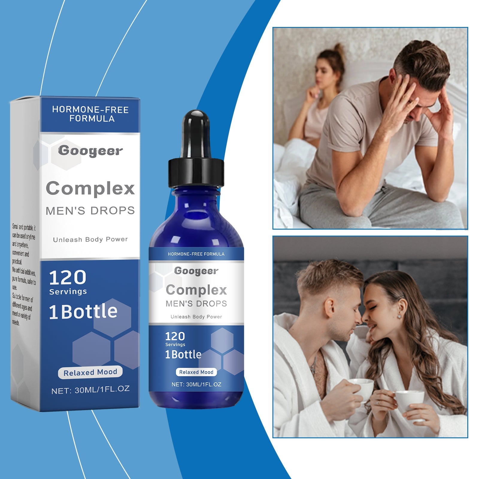 Product box and bottle side-by-side showing hormone-free formula claim