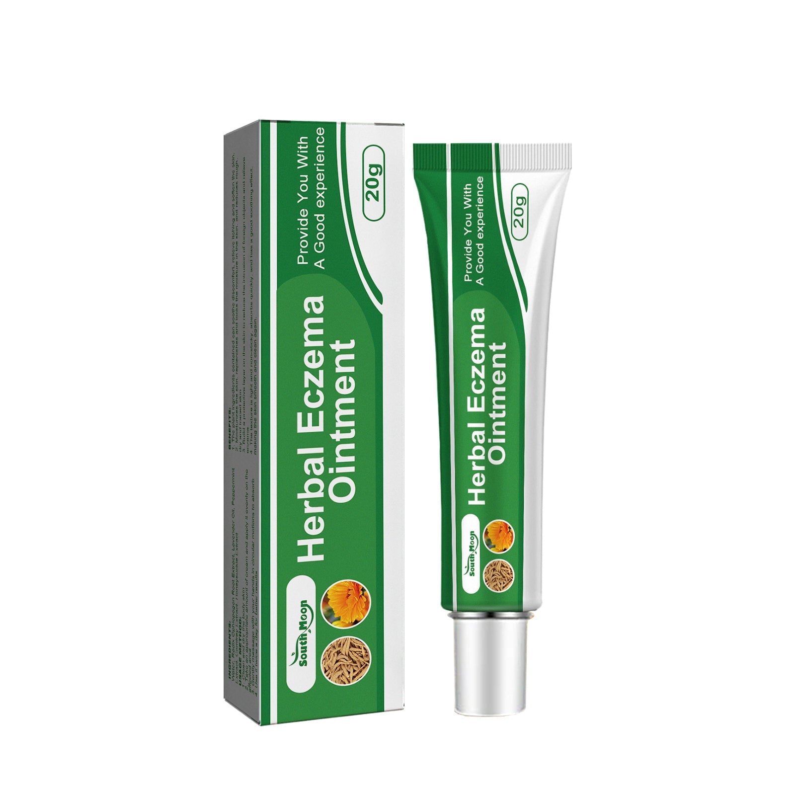 Product tube and box displayed at straight angle showing full branding, green and white color scheme, herbal ingredient icons