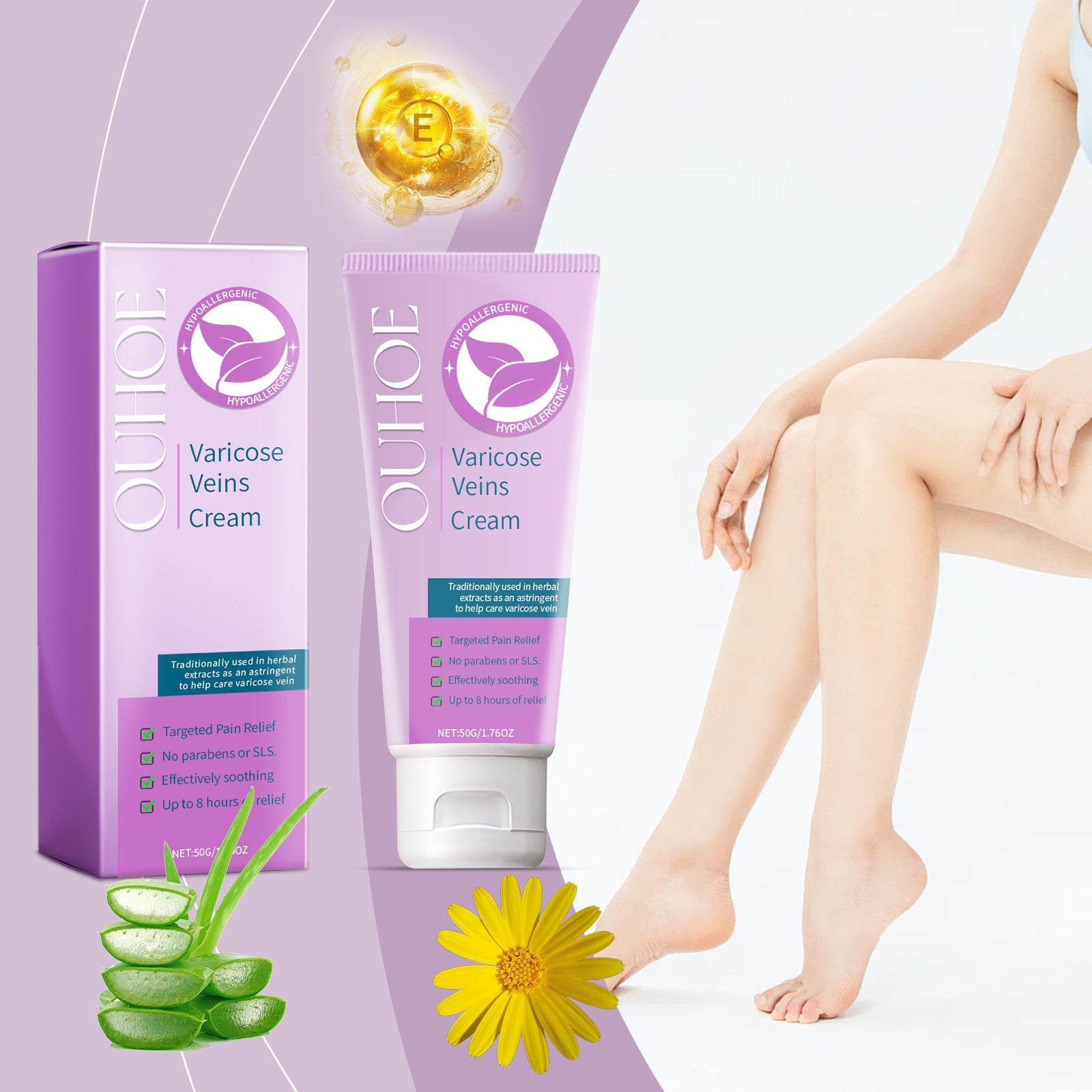 Product box and tube showing OUHOE branding, purple packaging with hypoallergenic seal, and key benefit callouts