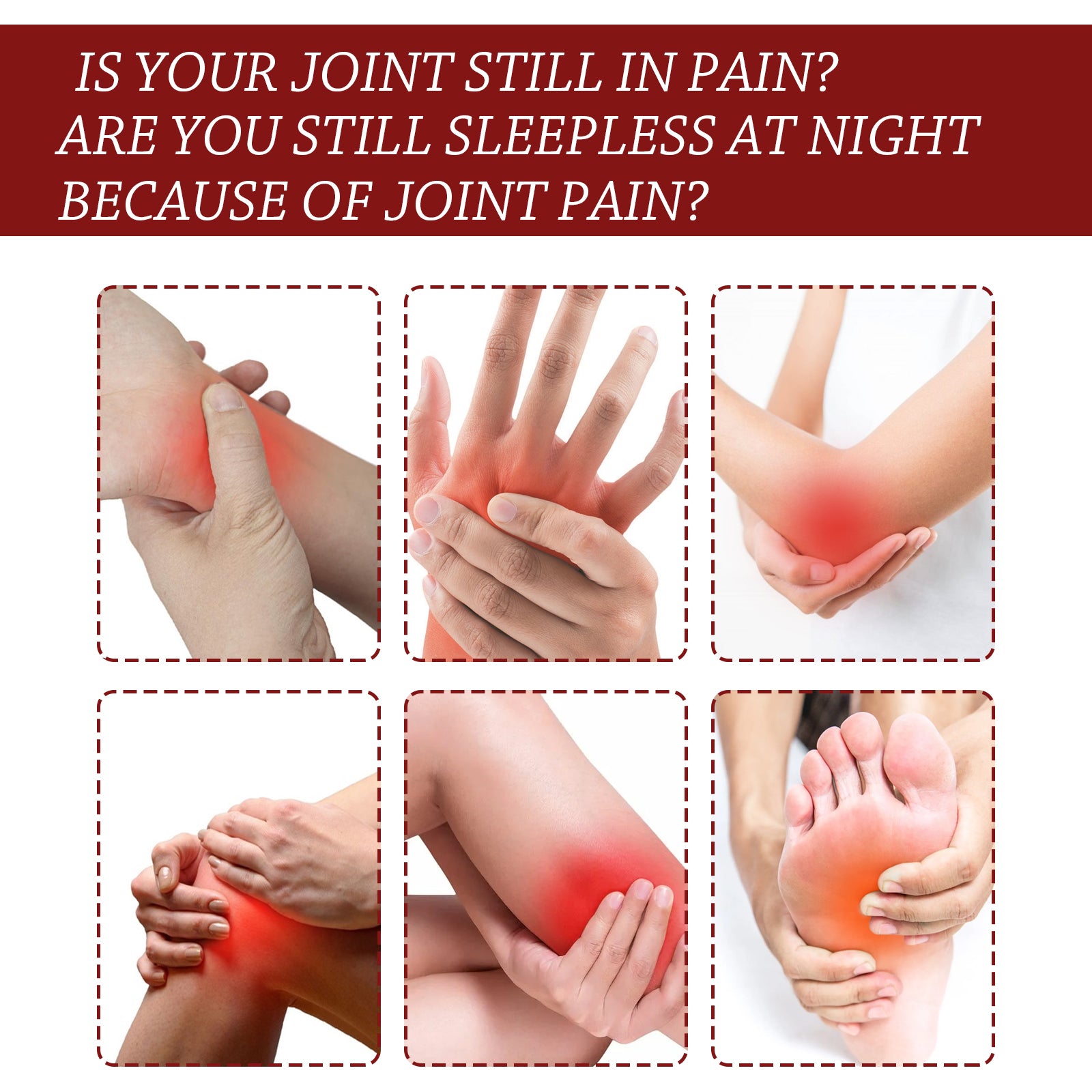 4-panel split showing foot, wrist, knee, and hand pain relief outcomes with red inflammation zones, demonstrating visible pain reduction across multiple body areas