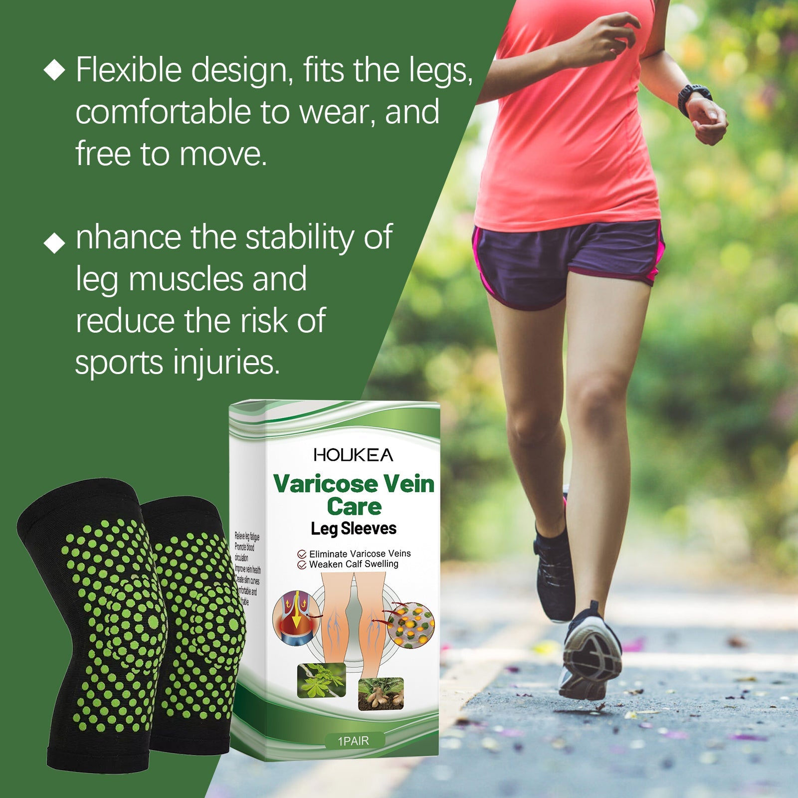 Female runner outdoors in motion wearing compression sleeves during active jogging, green background with benefits text overlay