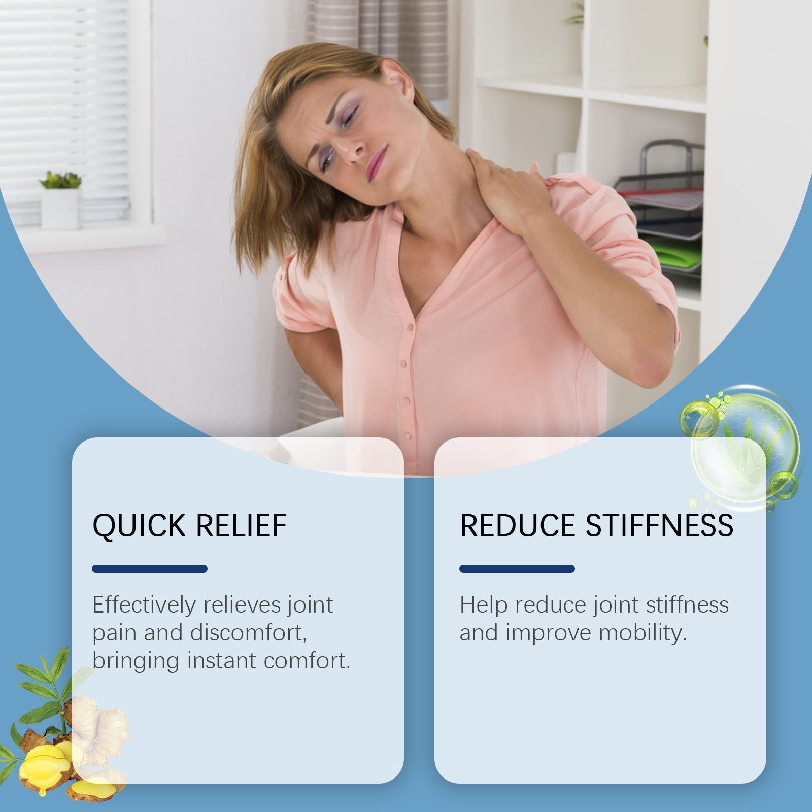 Woman in pink shirt touching shoulder with pain expression, benefit callouts for 'Quick Relief' and 'Reduce Stiffness'
