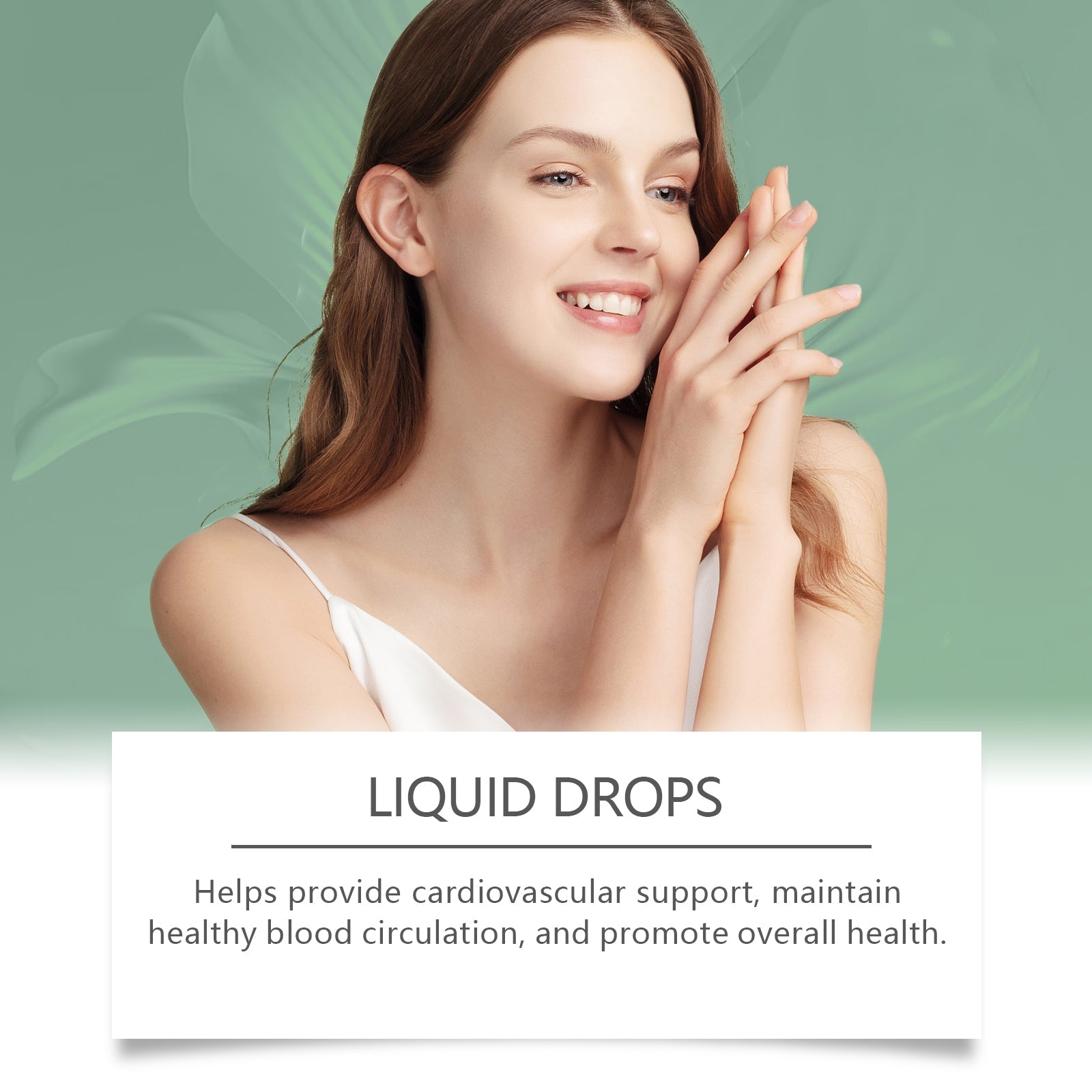 Happy woman with clear glowing skin smiling against green botanical background