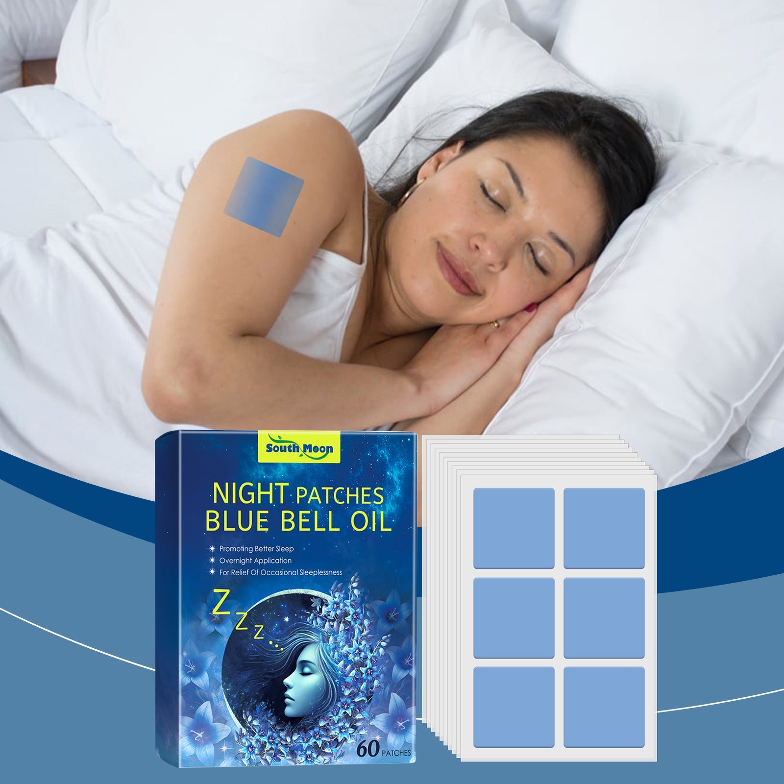 Woman peacefully sleeping on white bedding with patch visible on shoulder
