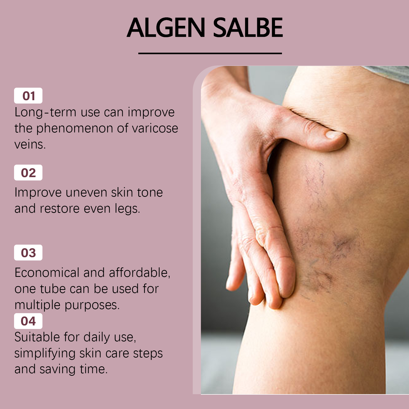 Product packaging showing box and jar side-by-side with burgundy band accent, brand name OUHOE, product name ALGEN SALBE+ and key ingredients