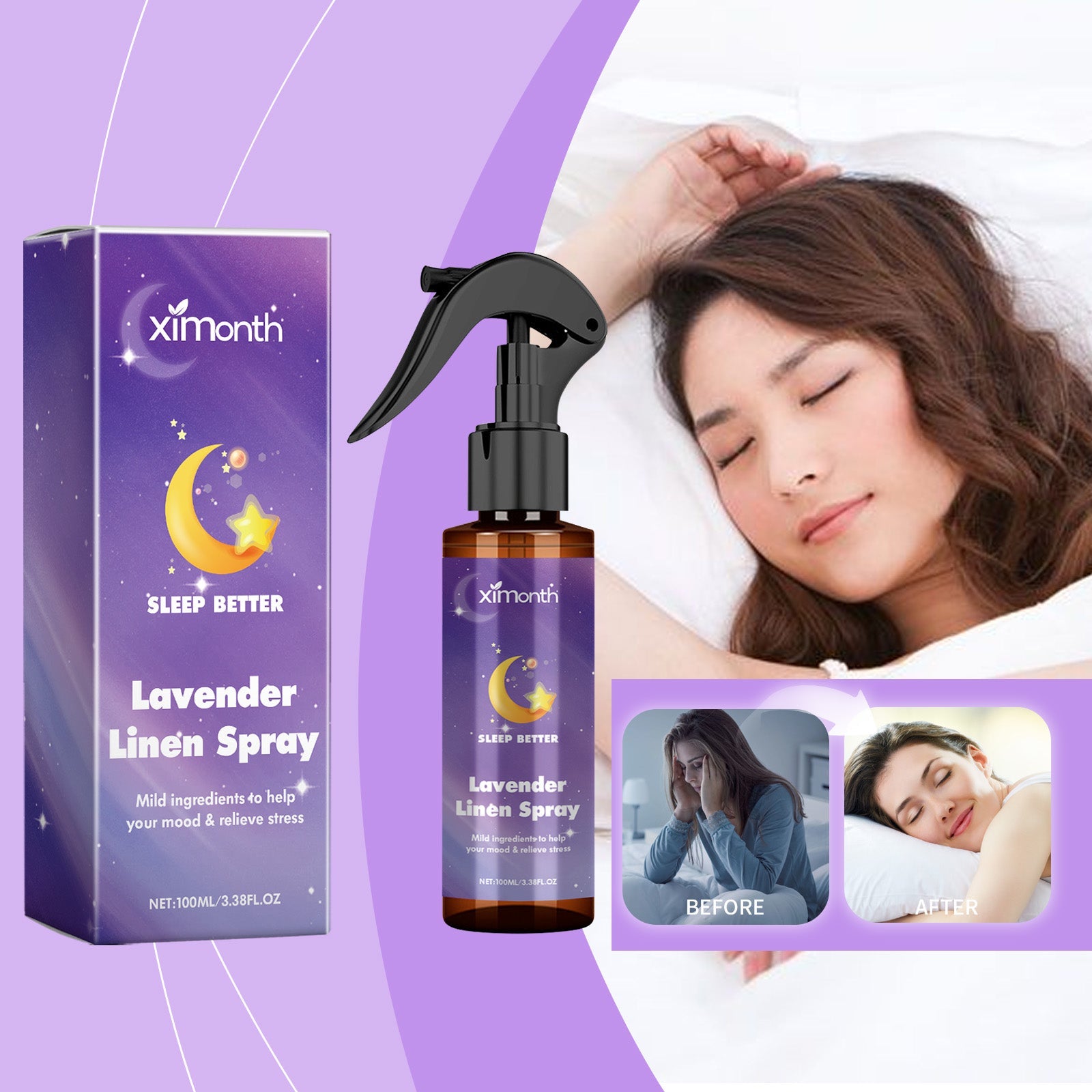 Lifestyle composite featuring woman sleeping peacefully, product packaging, and before/after comparison of stressed vs. rested states on purple gradient background