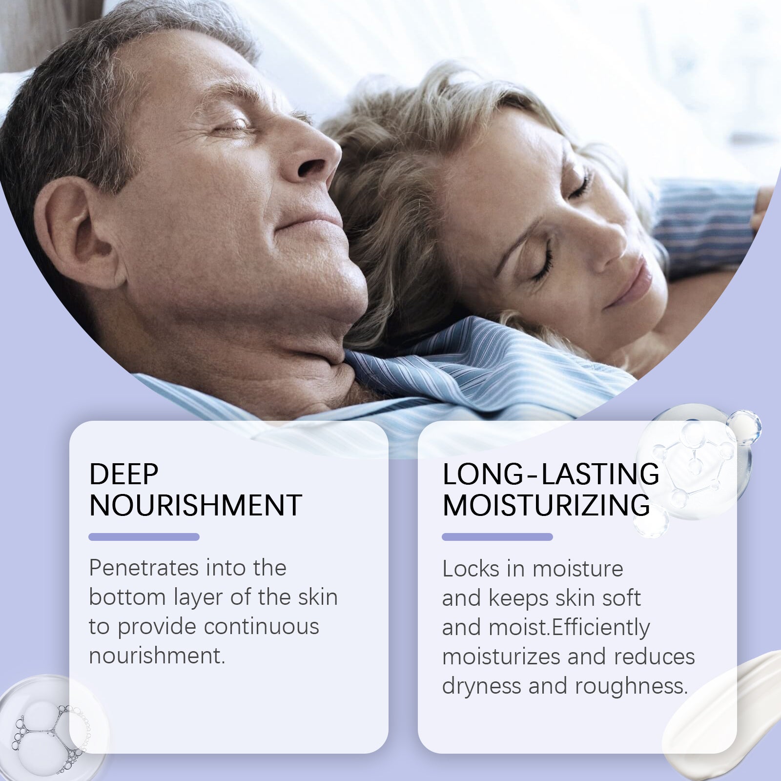 Mature couple peacefully resting together with feature callouts for Deep Nourishment and Long-Lasting Moisturizing